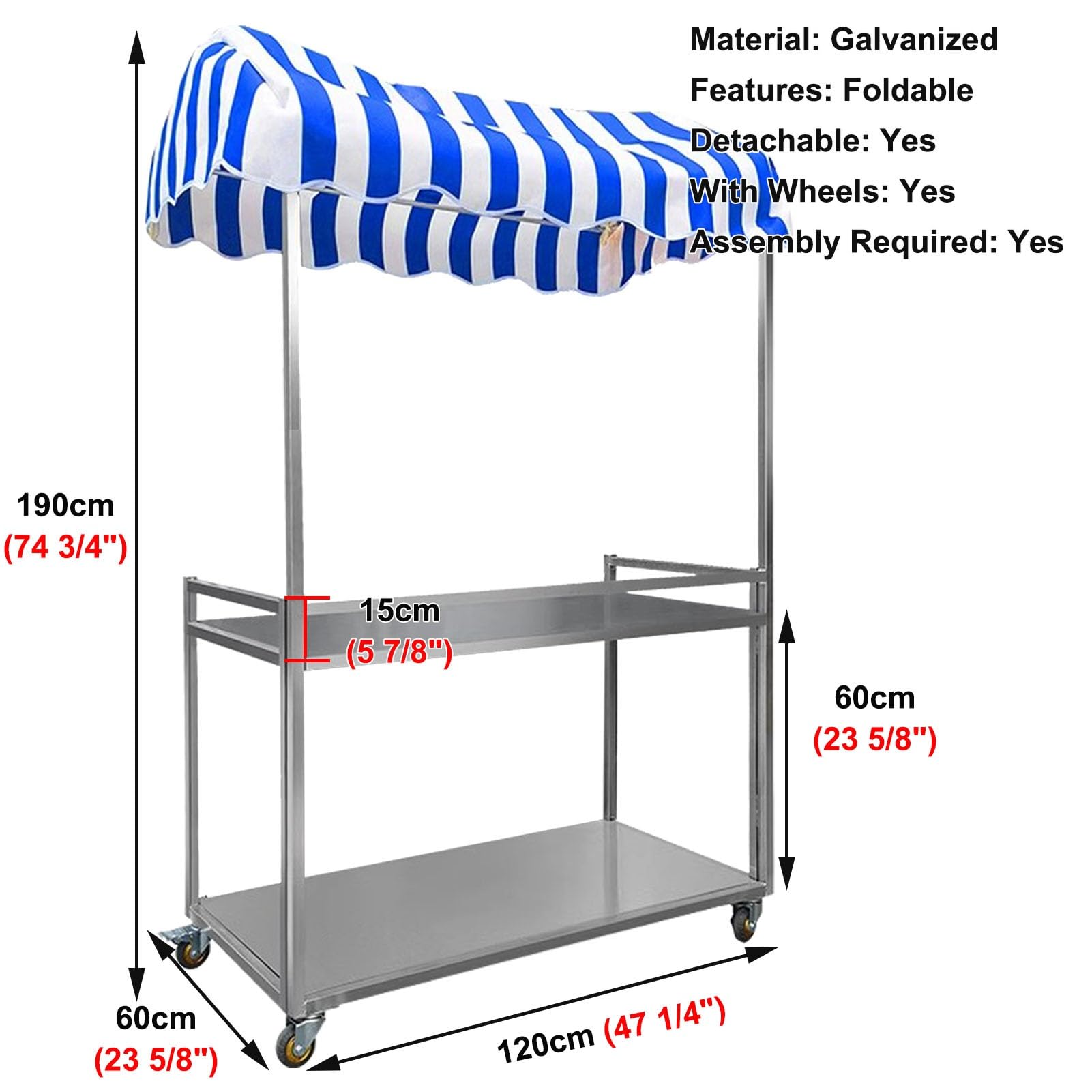 Chariot de Restauration Pliable à roulettes pour Commerce, Stand de Vente galvanisé à 2 Niveaux avec auvent, kiosque de Concession pour marché/événements en Plein air (Bleu, largeu