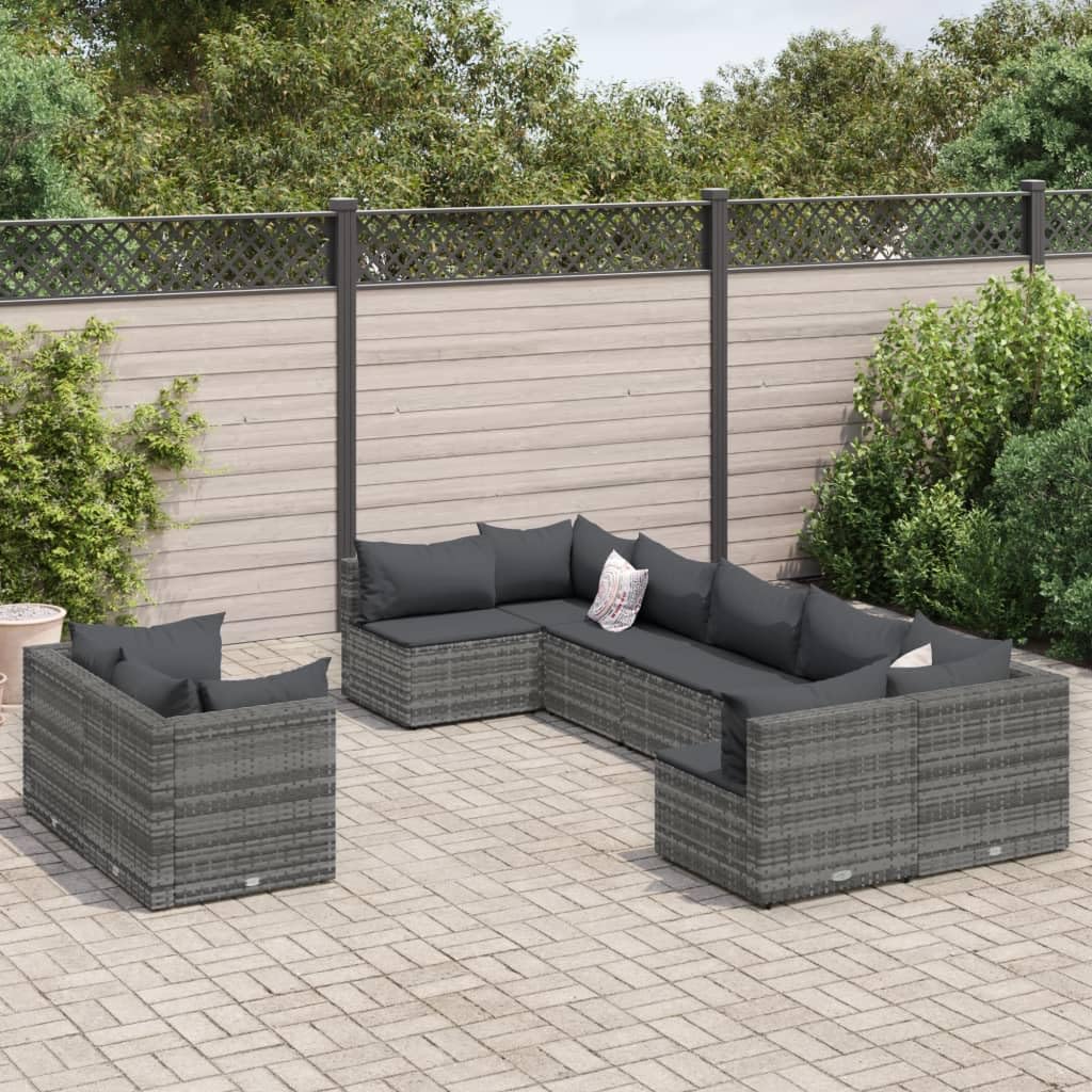 Set di divani da giardino da 9 pezzi con cuscino, grigio, in polyrattan, set modulare per esterni per terrazza e balcone, resistente ai raggi UV