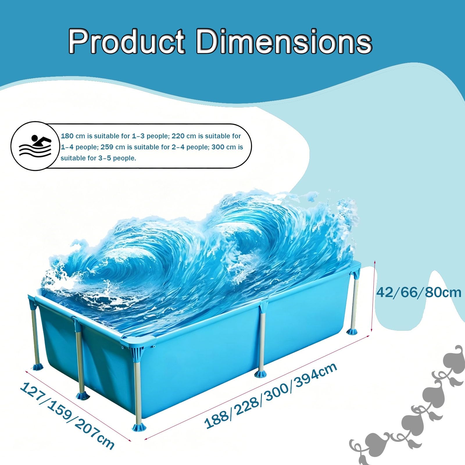 Piscina Rettangolare Con Struttura In Metallo 188-394 Cm Piscina Con Struttura Rettangolare Fuori Terra Con Per Famiglie Pieghevole Da Esterno(300 * 207 * 66cm)