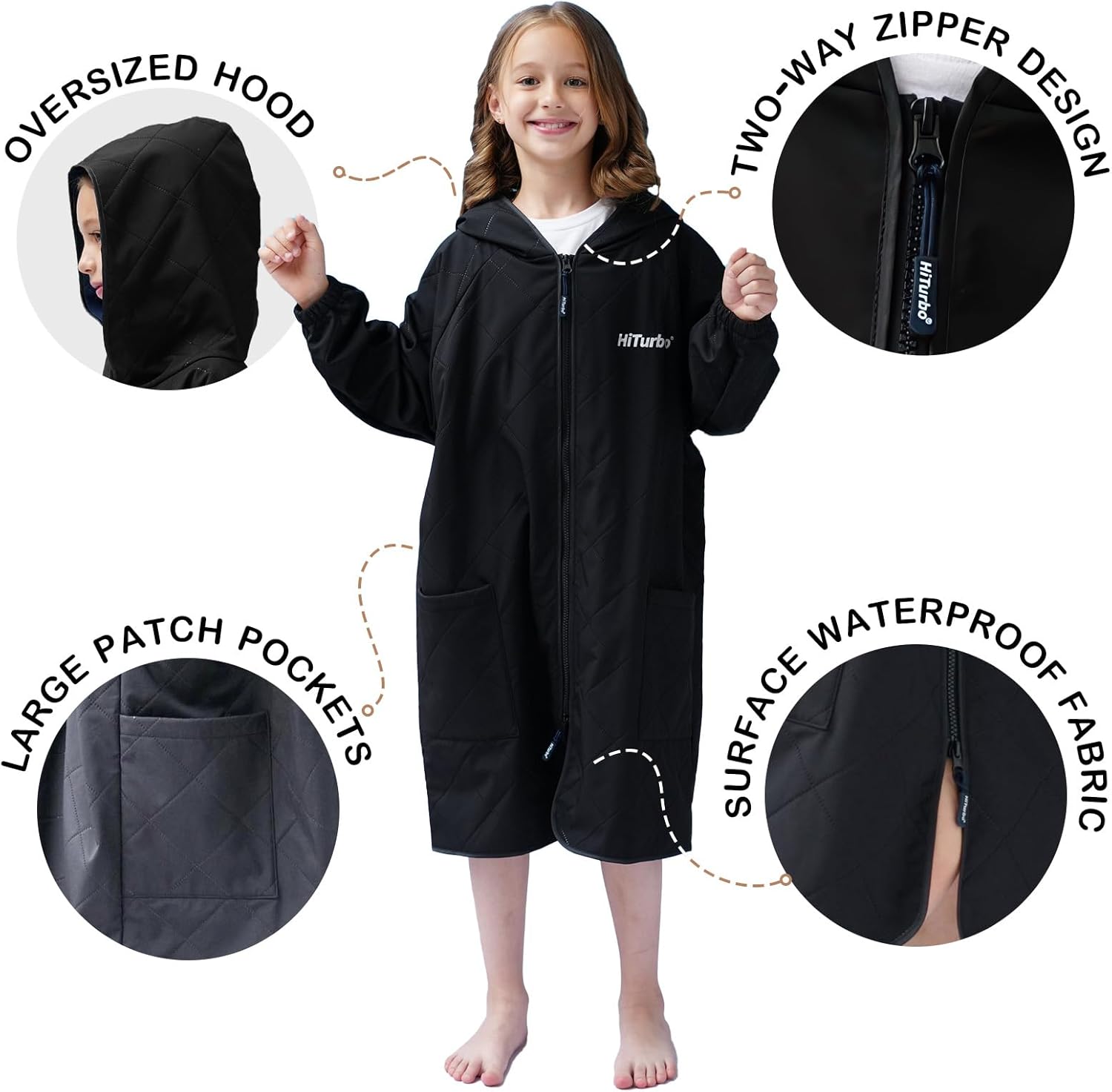 Hiturbo Waterproof Kids Swim Parka: Lightweight Windproof Swimming Surf Poncho - Hooded Swimmer Changing Jacket for 7-12 Yrs