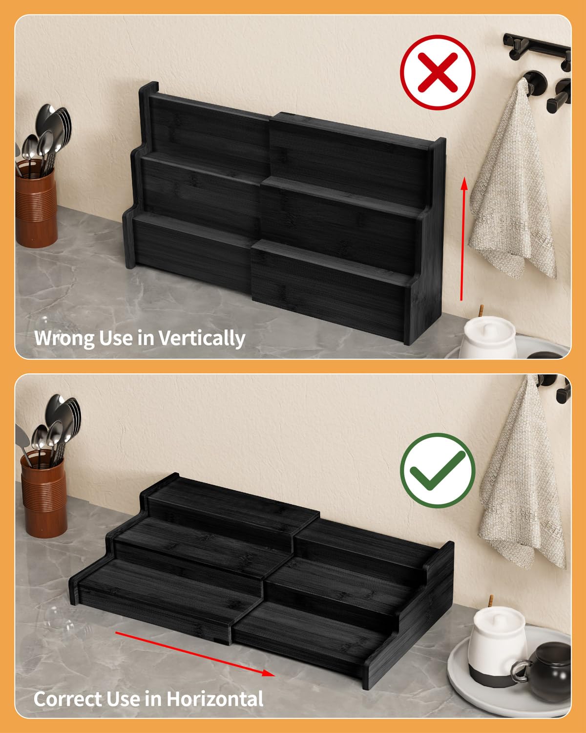VenDotbi Organizador de especias, organizador de especias de bambú expandible de 3 niveles, ideal para armario de cocina, armario, despensa y más, negro (paquete de 2)