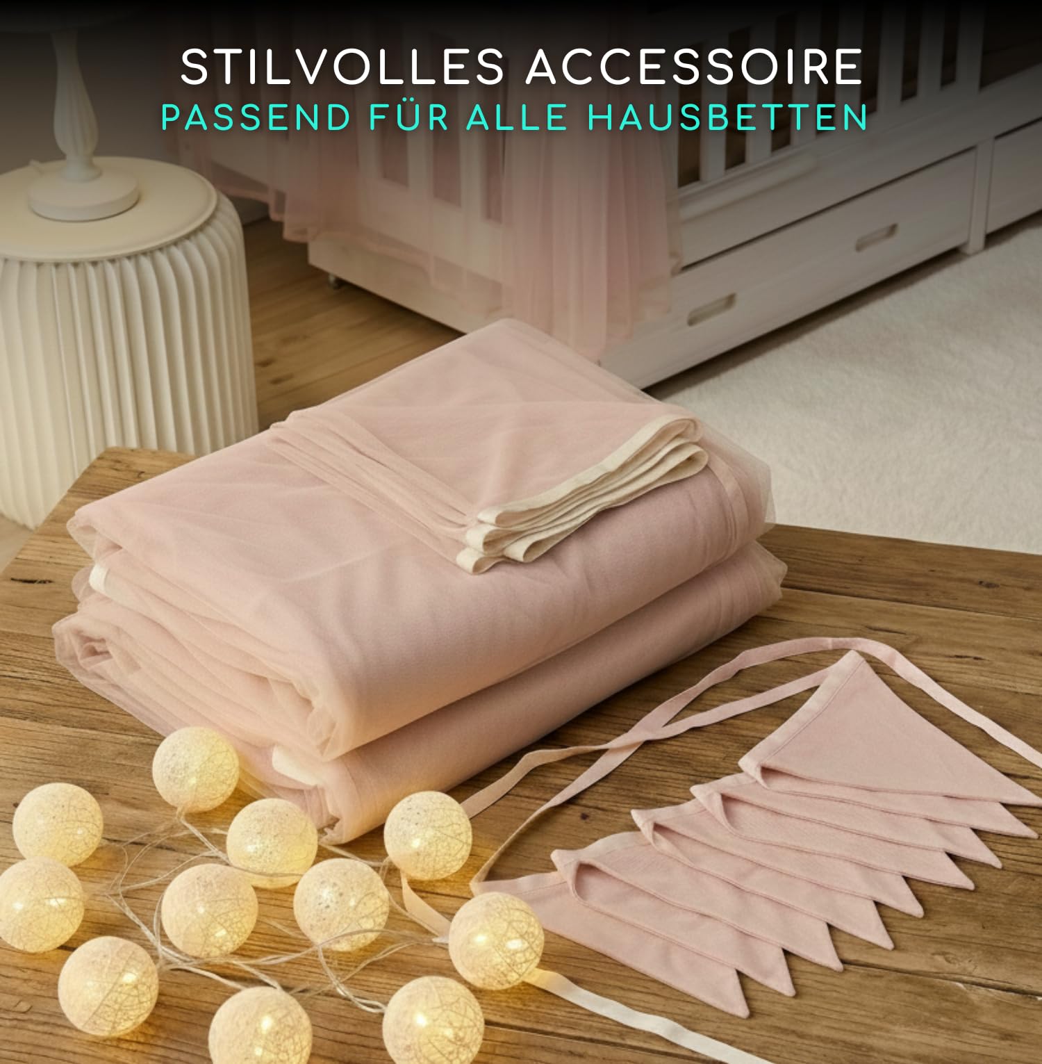 ALAVYA HOME® Set de decoración para cama de casa de 4 piezas con 2 cielos de cama I 1 cadena de banderas de 300 cm de largo para habitación infantil I Cadena de banderas 100% algodón orgánico I 150 x