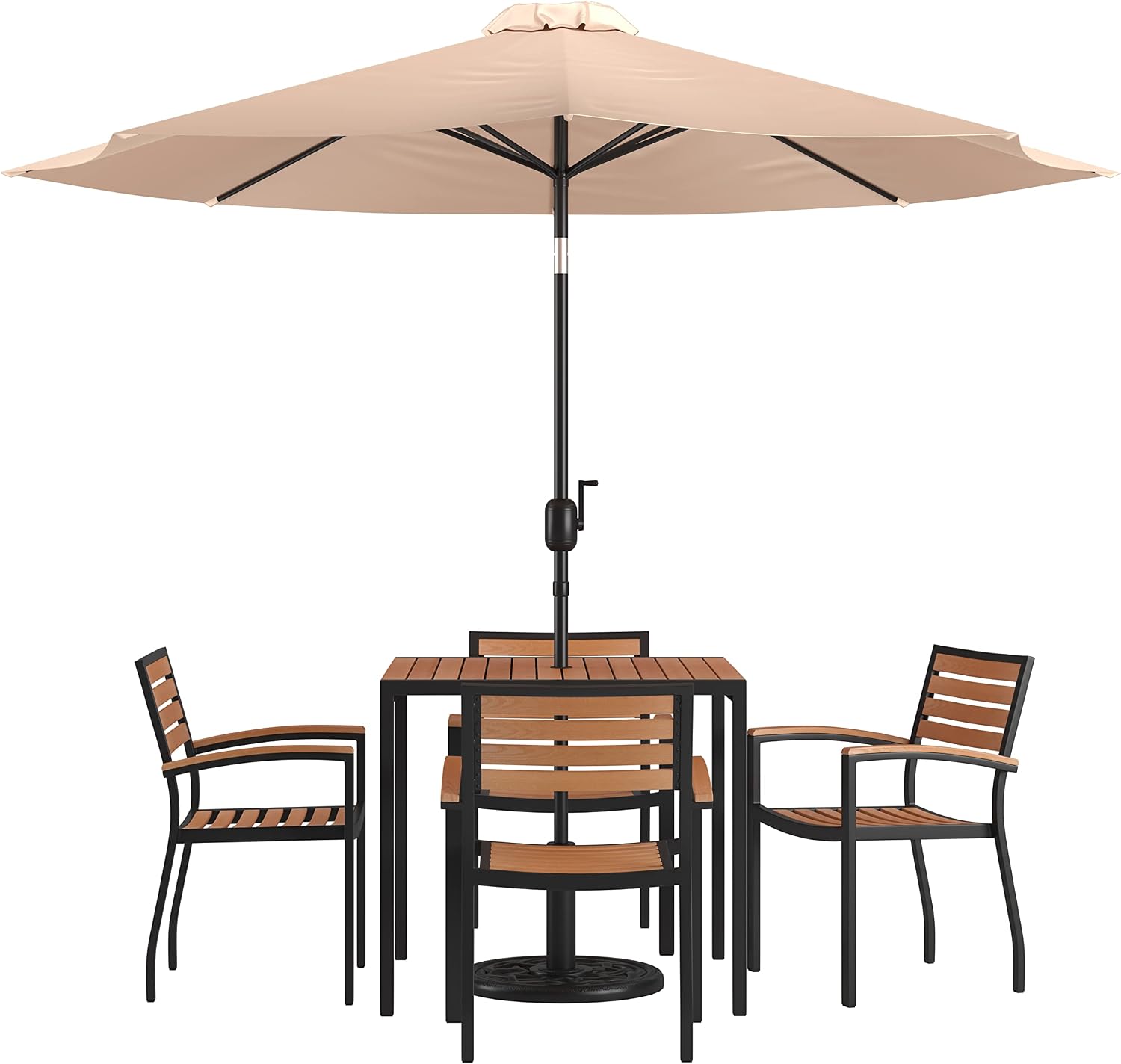 Merrick Lane Hampstead Seven Piece Patio Set - 35" Square Faux Teak Table - Four Stacking Club Chairs with Arms - 9' Patio Umbrella in Tan - Umbrella Base