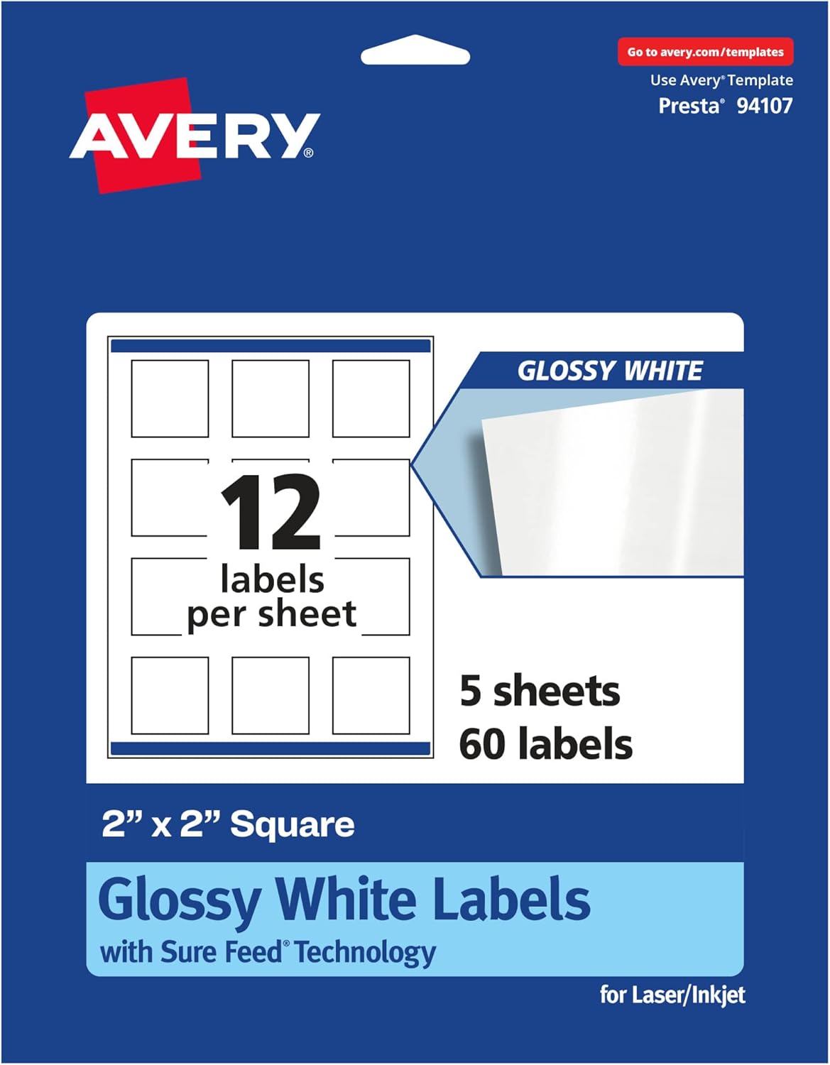 Avery Square Labels, Sure Feed Technology, 2" x 2", 300 Glossy White Labels (36477)