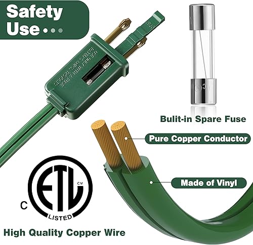 Miniatura 5 de Enhon 1 cable de extensión verde de 15 pies con 9 salidas e interruptor de encendidoapagado, cable de extensión de luz para árbol de Navidad con