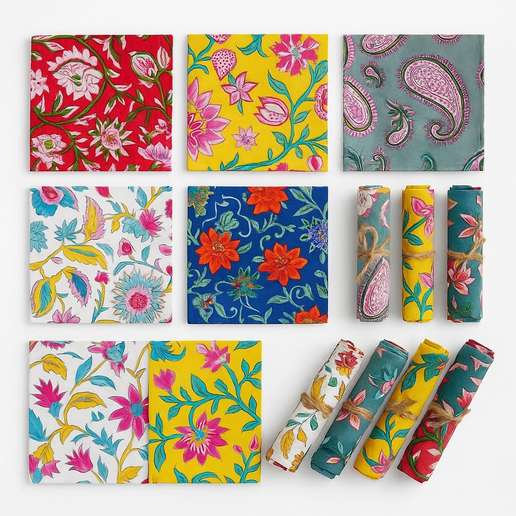 10 Pc Cotton Cloth Napkins – 16x16 Inch Hand Block Print, Handmade Reusable Dinner Napkins, Eco-Friendly Indian Printed Home Décor Mix Lot (multicolourg)