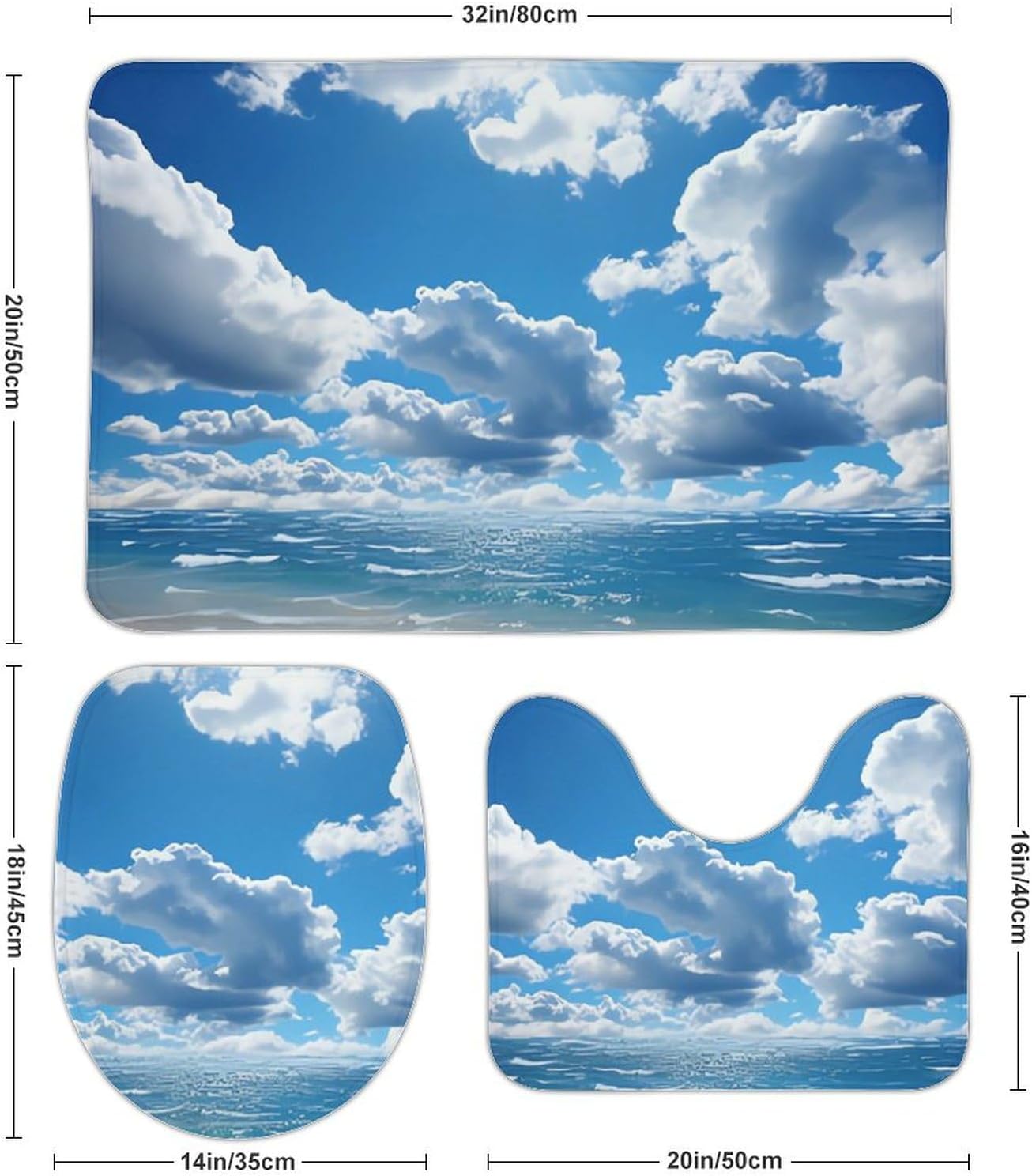 Anti-Skid Floor Mats 3 Piece Set,Ocean and White Cloud Printed Coral Fleece Bathroom Mats U-Shaped Contour Mat Toilet Seat Cover for Bathroom, Tub, Shower, Kitchen 19.7"x31.5"