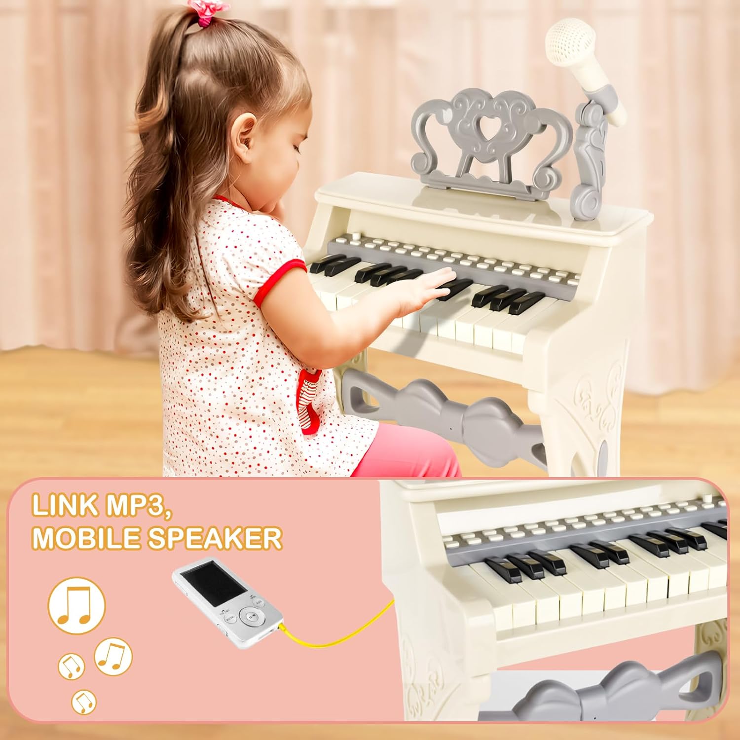 deAO Toddler Piano for Kids 3-6 Years - 25 Key Baby Piano Musical Toy with Stool & Microphone-Educational Toys Birthday Christmas Girls Gifts (White)