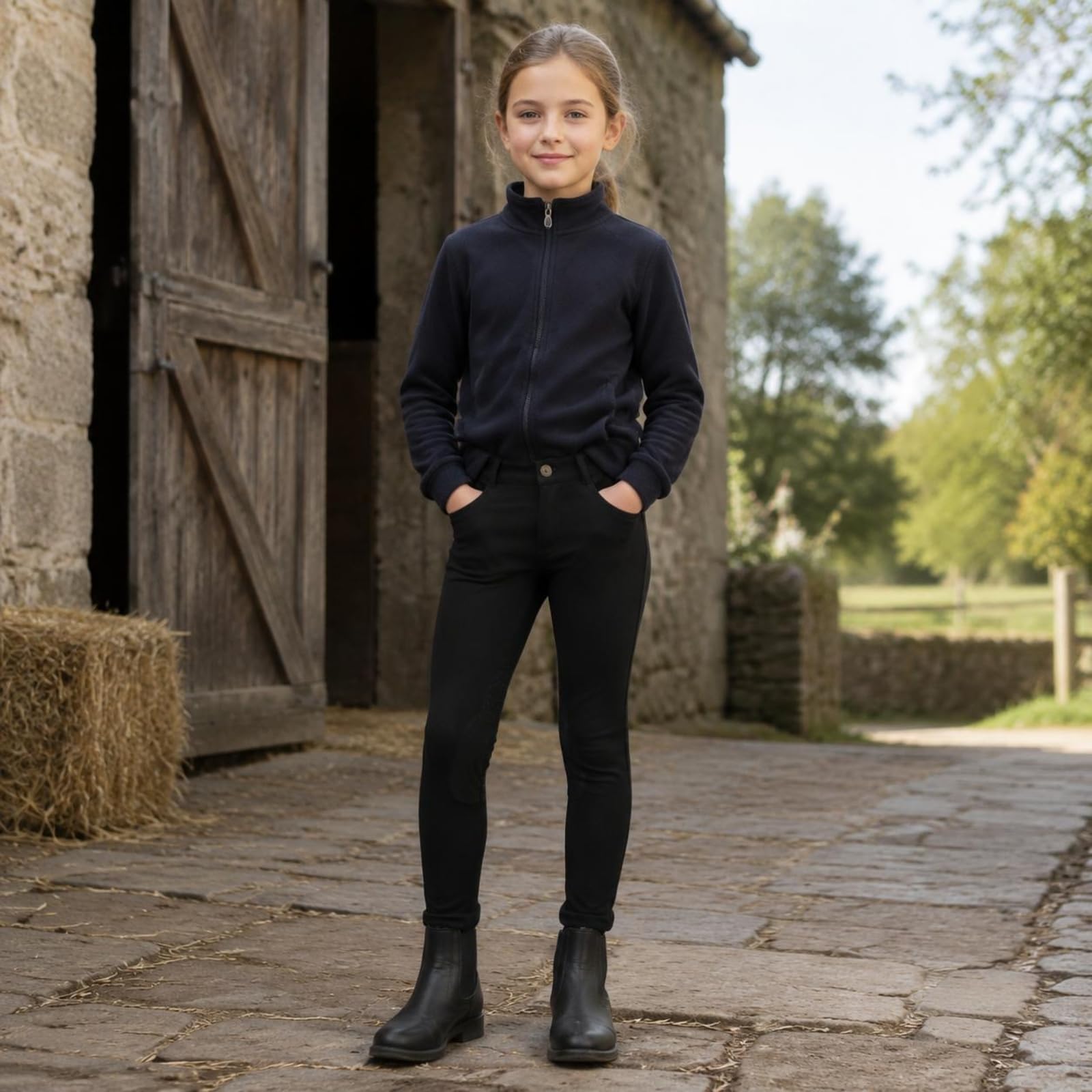Kinder-Reithose atmungsaktiv Schwarze Reithose Silikongrip Kinderbekleidung, Black, 14