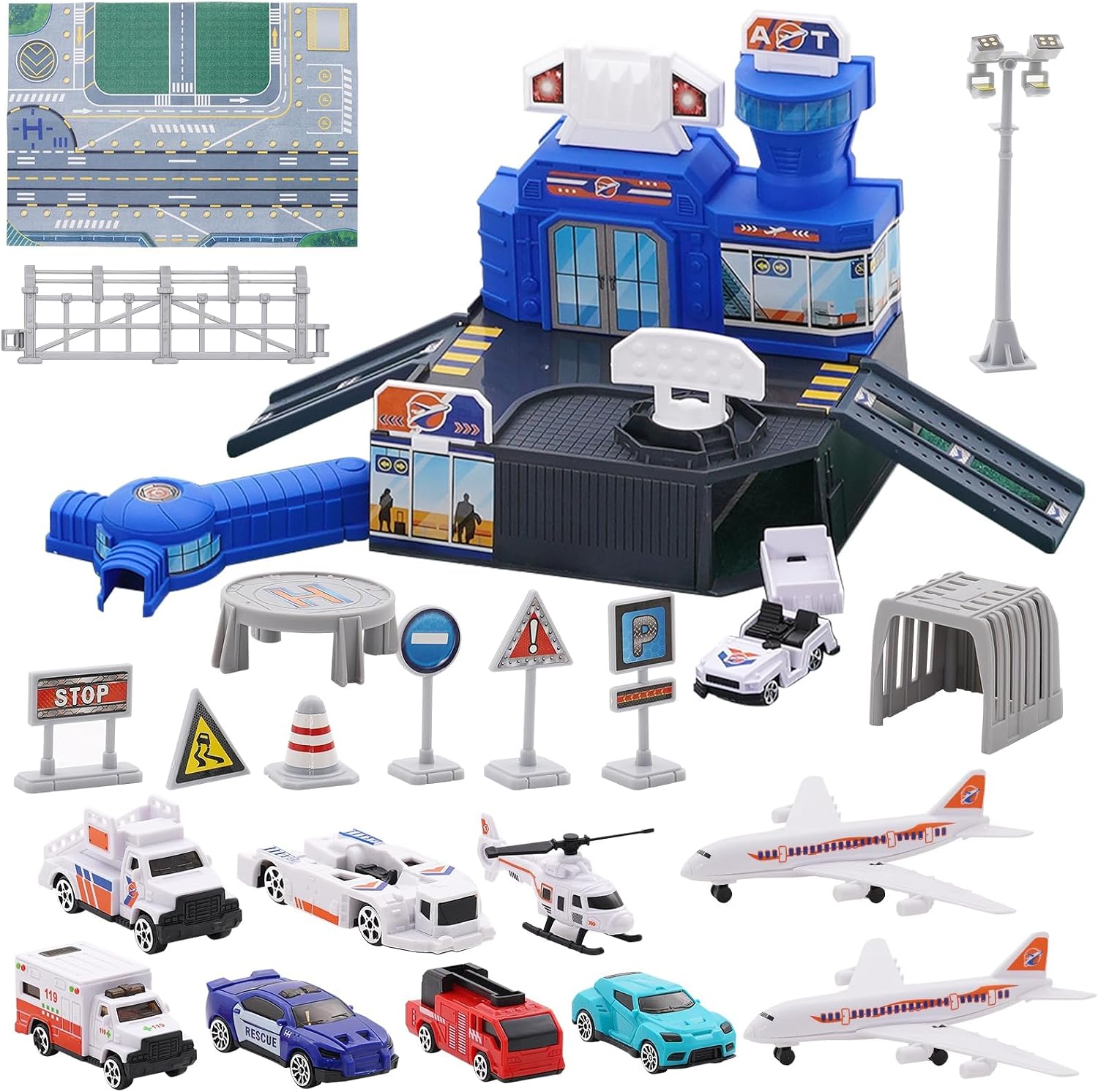 Airplane Toy Set with Trucks, Helicopter, Planes, Signs and Airport Playmat, Interactive Early Learning Toys Great Military Toys Gift for 3 4 5 6 Kids Boys Girls