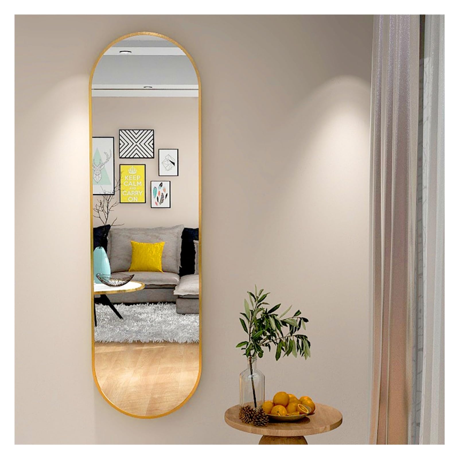 Espejo De Cuerpo Entero Ovalado De Pared, Espejo De Tocador Colgante con Marco De Metal, Espejo Decorativo HD para Entrada Recibidor Baño Salón(Gold,40x150cm)