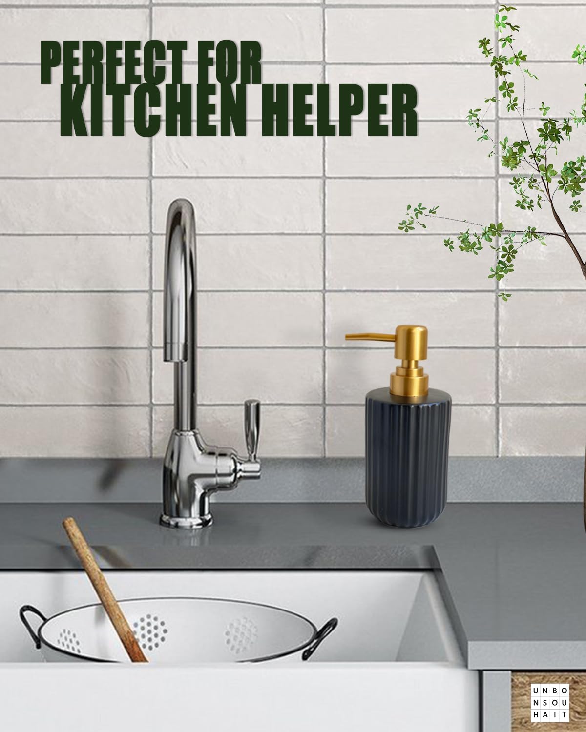 Ceramic Hand Soap Dispenser with Plastic Pump, Simple Style Gold and Black Cylindrical Dispenser - Image 4