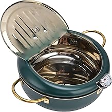 Japanese Frying Pot, Stainless Steel Frying Pot, Tempura Fryer with Temperature Control and Oil Draining Rack, Small Fryer for French Fries, Fish and Crispy Meat (Dark Green)