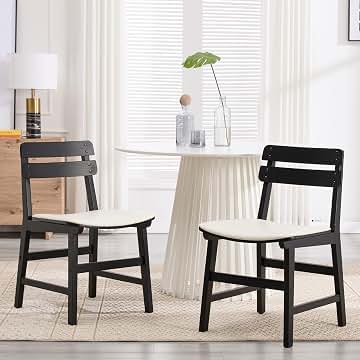 Juego de 2 Silla de Comedor con Patas de Madera, Silla de Cocina con Cojin Grueso y Respaldo de Madera, Taburete de Cocina para Balcon/Salon/Restaurante,Blanco,Negro
