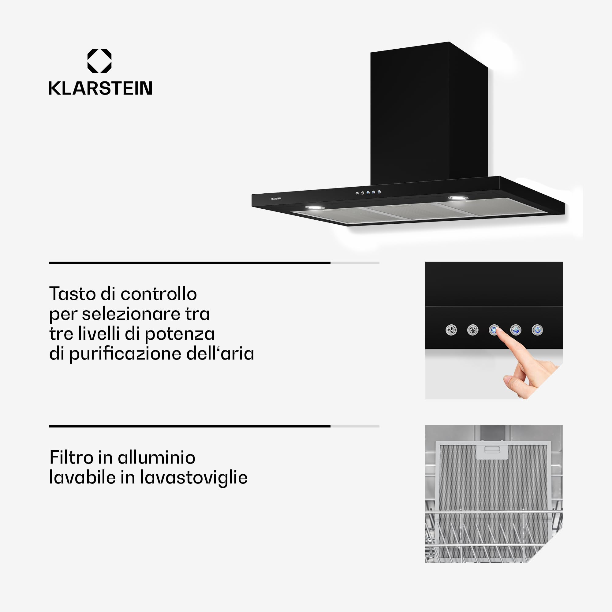 Klarstein Limelight Cappa da Cucina 90 cm - Cappa Aspirante a Parete 600 m³/h 3 Velocità LED Nero