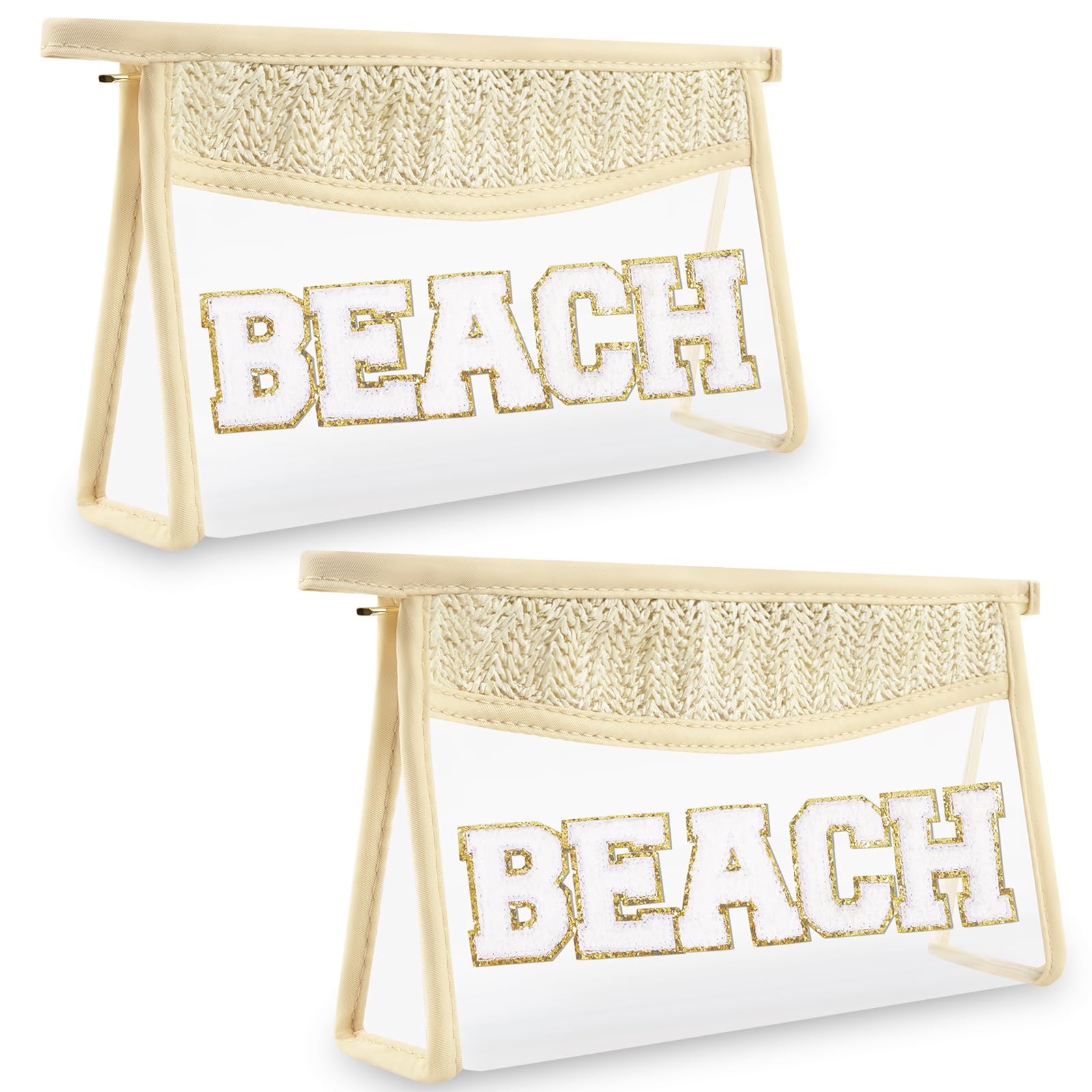 2 Pcs Boho Straw Clear Makeup Letter Bag BEACH Pouch, Sunscreen Bags for Beach Travel Small Cute Chenille Letter SPF Bag Pouch,Waterproof Beach