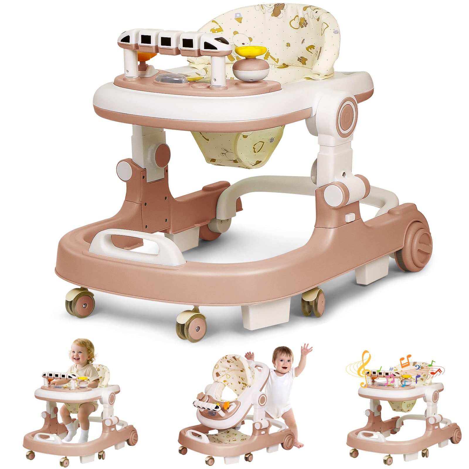 Baby Walker with Wheels, 4 in 1 Foldable Baby Walkers for Boys Girls 6-18 Months, 3 Level Height Adjustment with Bouncing, Feeding Tray & Music, Baby Walker with Activity Center, Toddler Push Walker Coffee