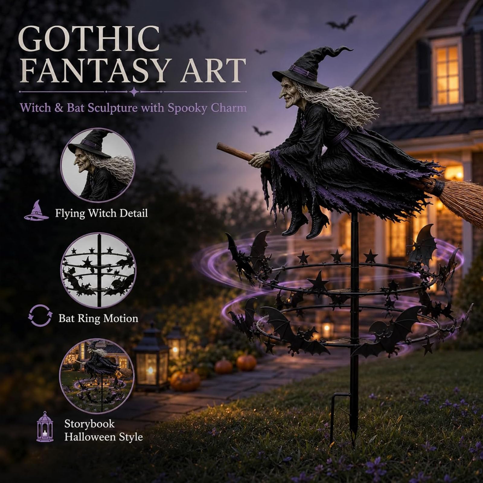 Zaczarowany magiczny wiatraczek ogrodowy czarownicy, dekoracje na Halloween | Latająca wiedźma i wiatrak nietoperza, stabilny słupek gruntowy, do ścieżki trawnika na patio(2pcs)