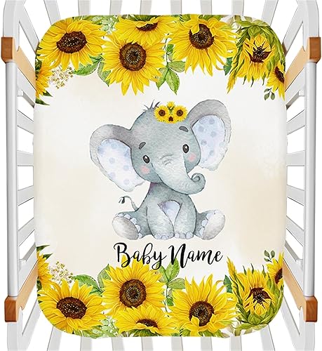 Pack N Play - Sábanas personalizadas para bebés y niñas, paquete personalizado de elefante de girasol y sábana de juego con nombre, sábanas bajeras