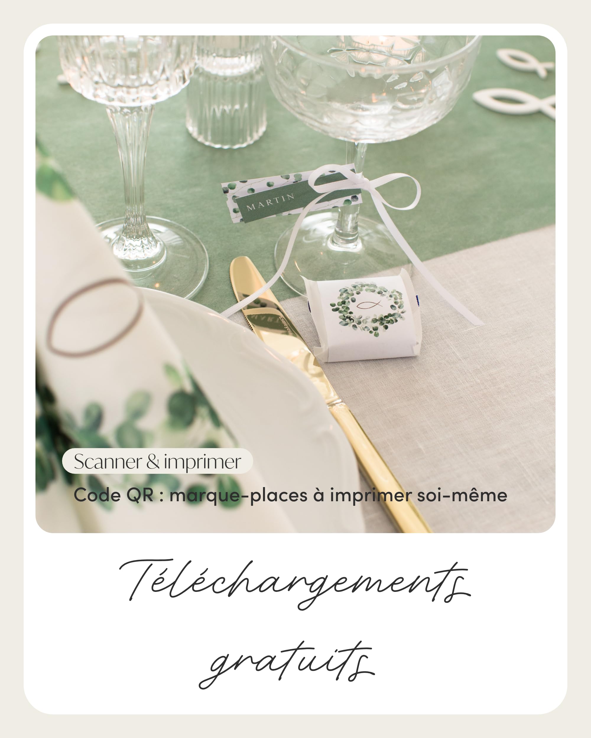 100% Mosel Kit Décoration de Table – Couronne Eucalyptus & Poisson (25–50 Invités) – Set complet pour Communion avec Chemin de Table, Serviettes Airlaid & Confettis