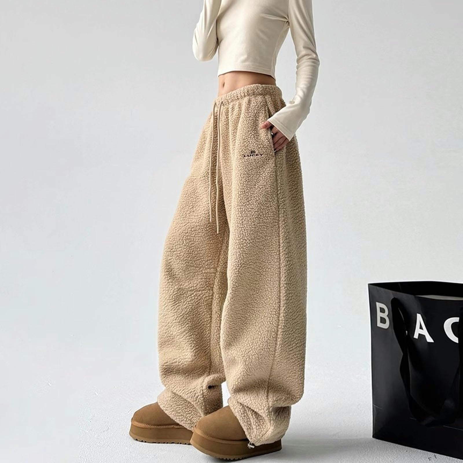 Pantalone Donna Pantaloni Casual Caldi in Vello Polare Donne Inverno Stile Inverno in Stile Pigro Pantaloni Lunghi Versatili-Cachi-m