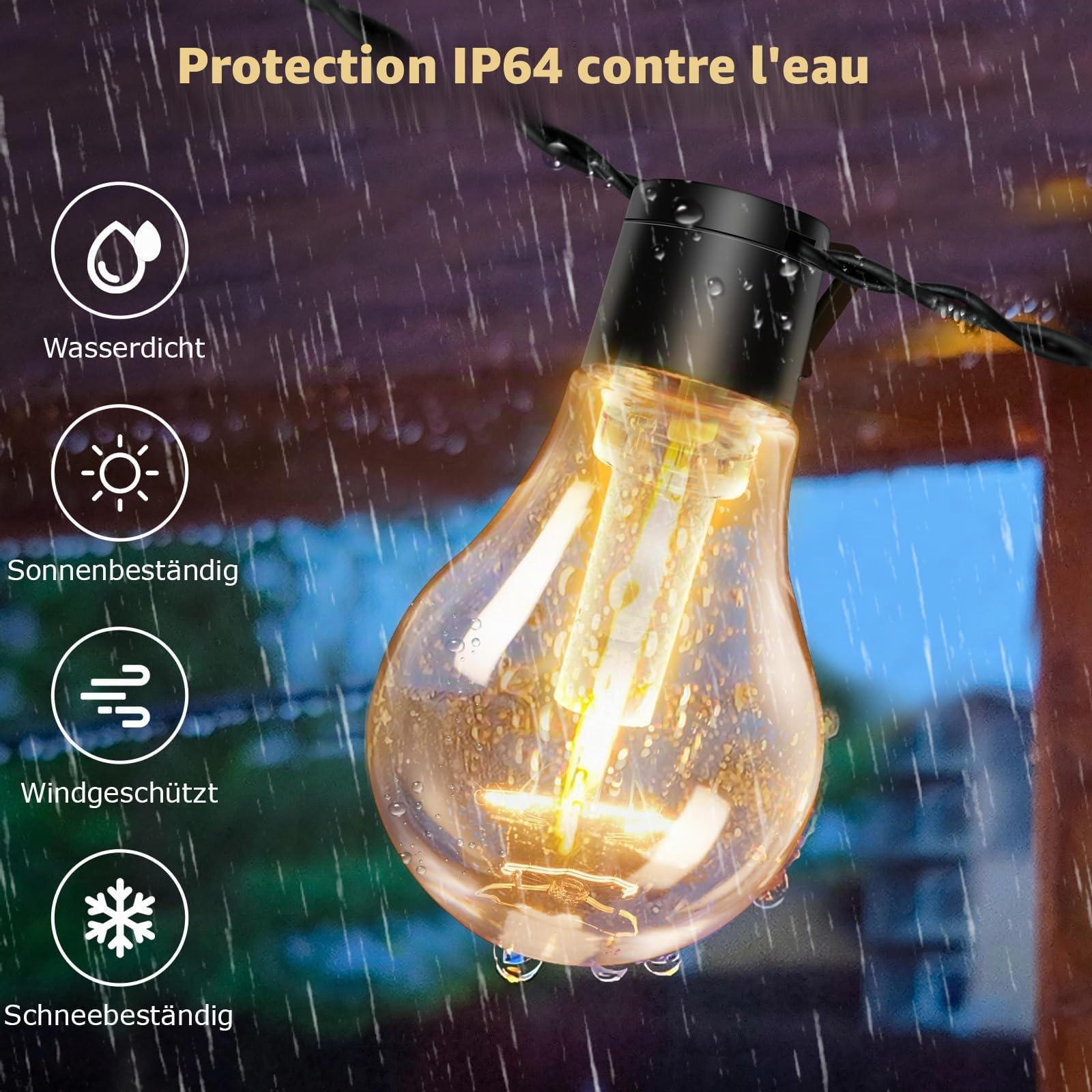 Guirlande lumineuse d'extérieur avec batterie minuterie 9 m,12 ampoules A60 LED,Télécommande,Avec 8 modes,IP64,Pour intérieur de Noël, fenêtre, escaliers, jardins, pavillons, mariages