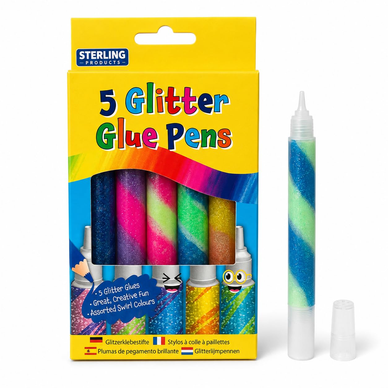 STERLING Products 5 Glitter Glue Pens, Assorted Swirl Colours, Fine Tip Squeeze Applicators for Arts & Crafts, Card Making, Decorating & Creative Projects
