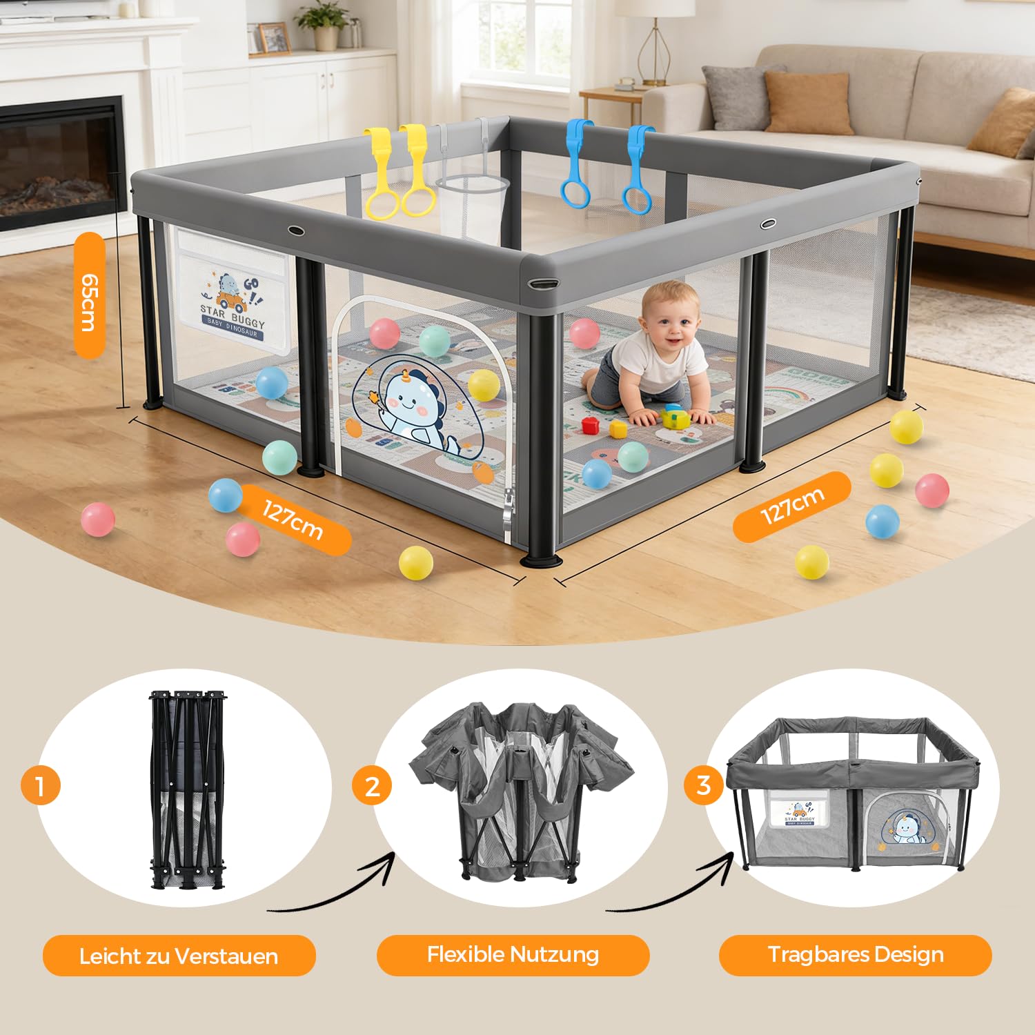 Laufstall Baby Faltbar 127x127 mit Matratze, Tragbar Laufgitter 360° Atmungsaktivem Netz, Oxford Stoff/Rutschfester Basis, Sicher Spielplatz für Kinder, Innen/Außenbereich,Ozeanbälle/Zugringen