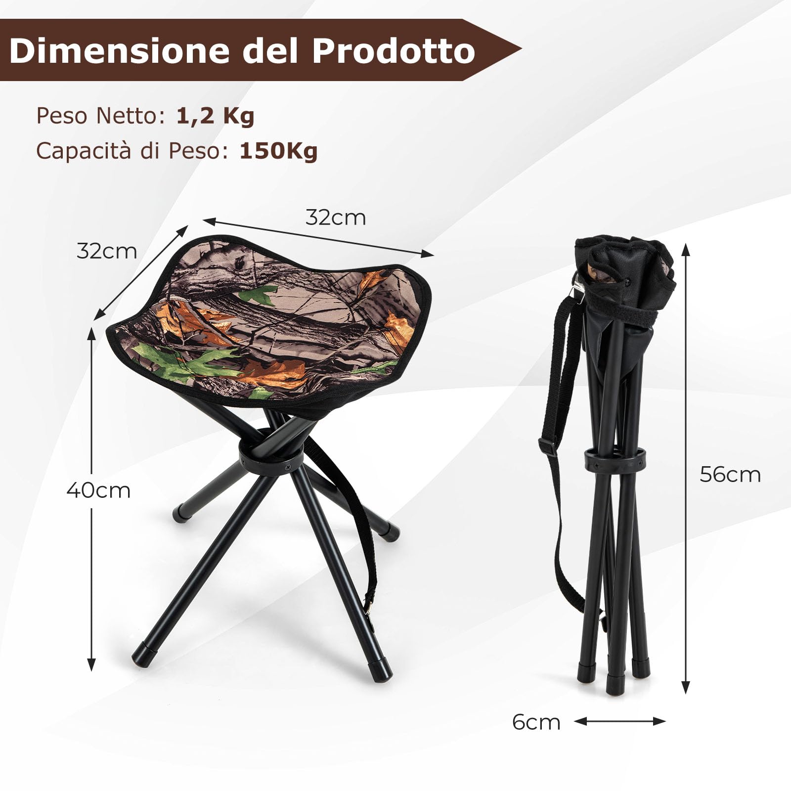 COSTWAY Set di 2 Sgabelli da Caccia Pieghevoli, Sedia Esterno Leggero | con Tracolla Sgabello Portatile Treppiede per Campeggio, Caccia, Pesca, Viaggi, Portata 150 kg