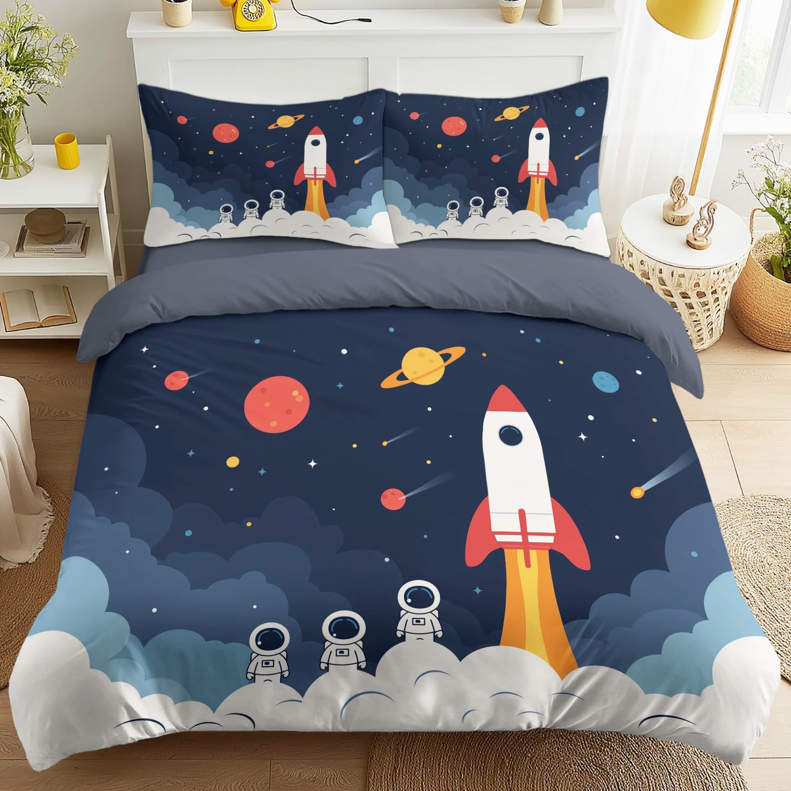 Poszwa na kołdrę gwiaździste niebo kreskówka 4-częściowy zestaw pościeli rakieta astronauta zestaw z mikrofibry niebieski szary pościel z 2 poszewkami na poduszki i 1 prześcieradłem z gumką 240 x 220