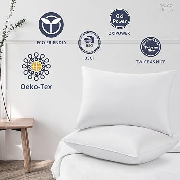 puredown Goose Feathers and Down White Pillows with 100% Cotton Cover, Bed Sleeping Hotel Collection Pillows Set of 2, Standard Size