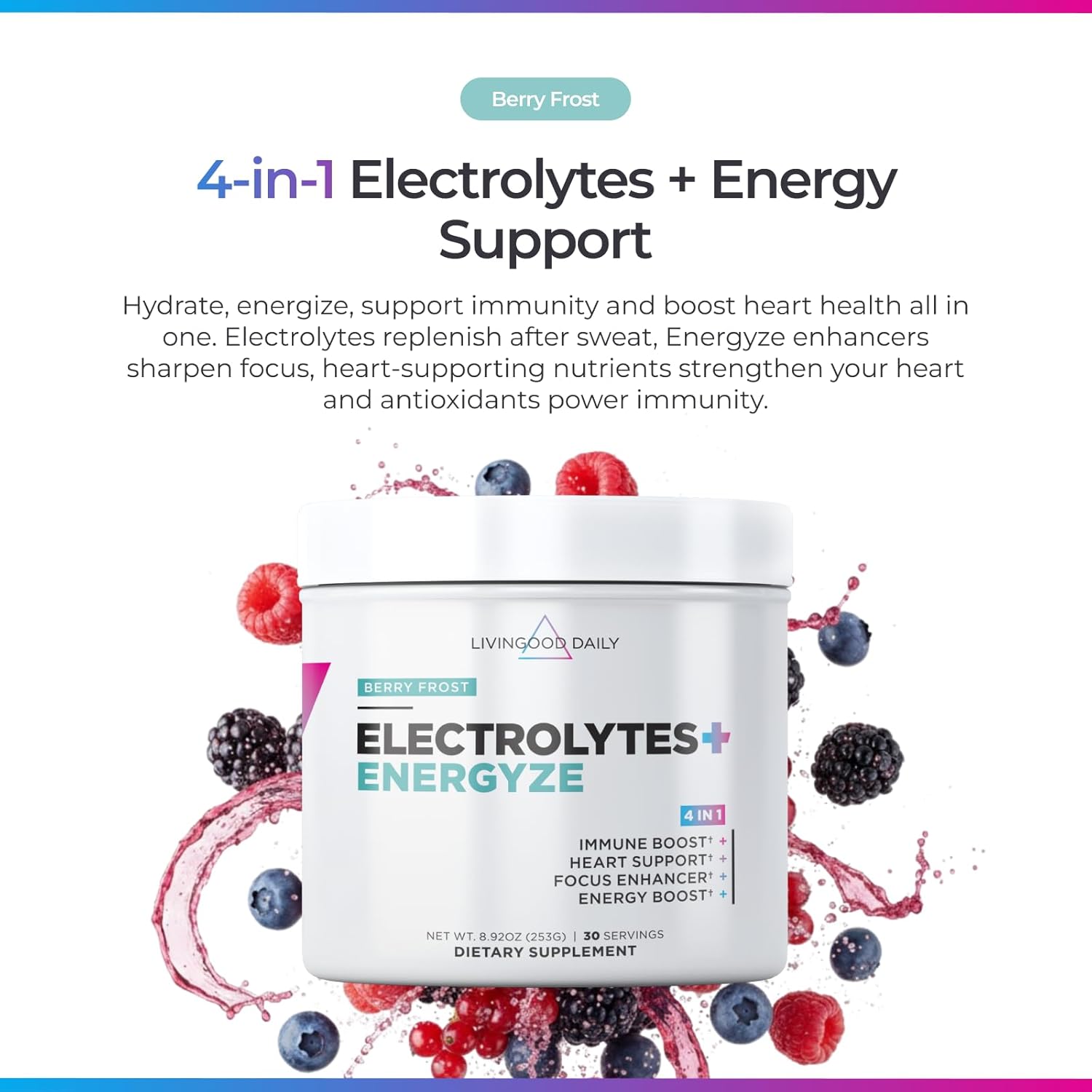 Livingood Daily Electrolytes Powder, Electrolytes Hydration Drink Mix with Vitamin C, Magnesium, Taurine & Sea Salt, Electrolyte Supplement for Energy & Hydration, Keto, Berry Frost Flavor, 30 Srvgs