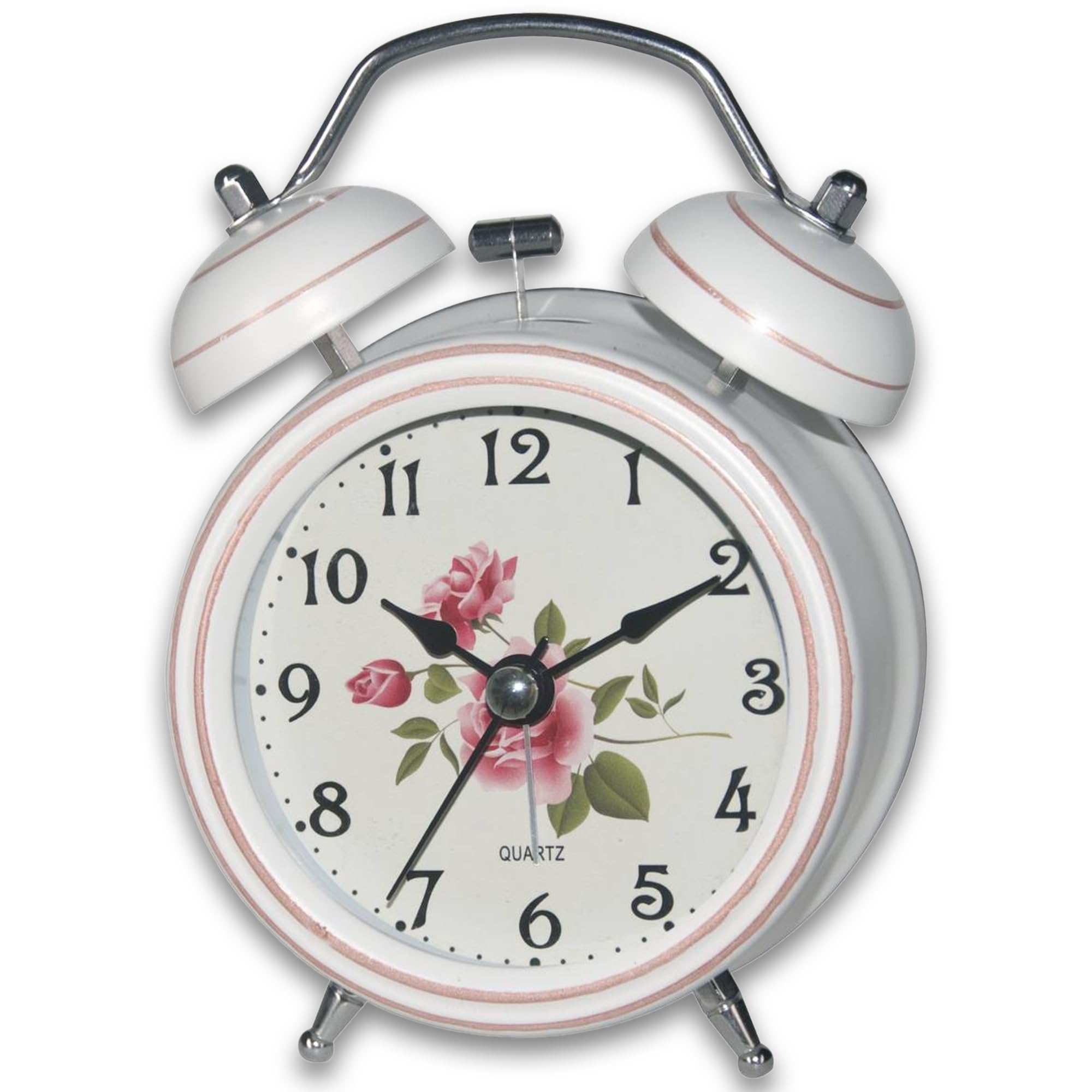 A5 Twin Bell Non-Ticking Silent Bedside Alarm Clock, Retro, Victorian Style, Metal Construction, Ø8cm, Analogue, Extra Loud, with Nightlight, for Bedroom Office Travel Elderly Children Girl (ROSE)