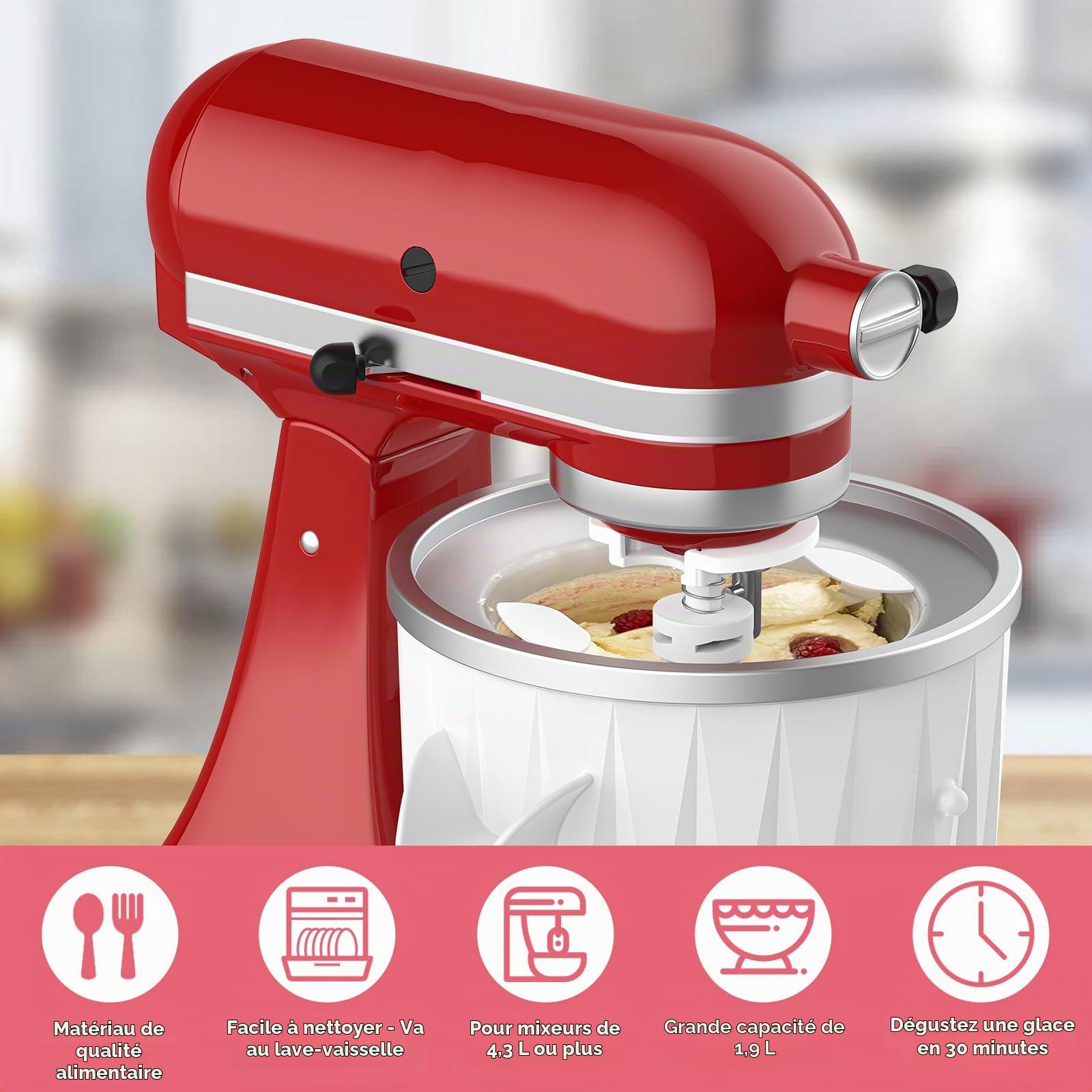 TPGSING Accessoire pour machine à glace pour KitchenAid Mixer, compatible Batteur sur pied ou inclinable de 4,5 Qt et plus, bol de yaourt glacé, gelato et sorbet de 2 QT pour Kitchenaid accessoires