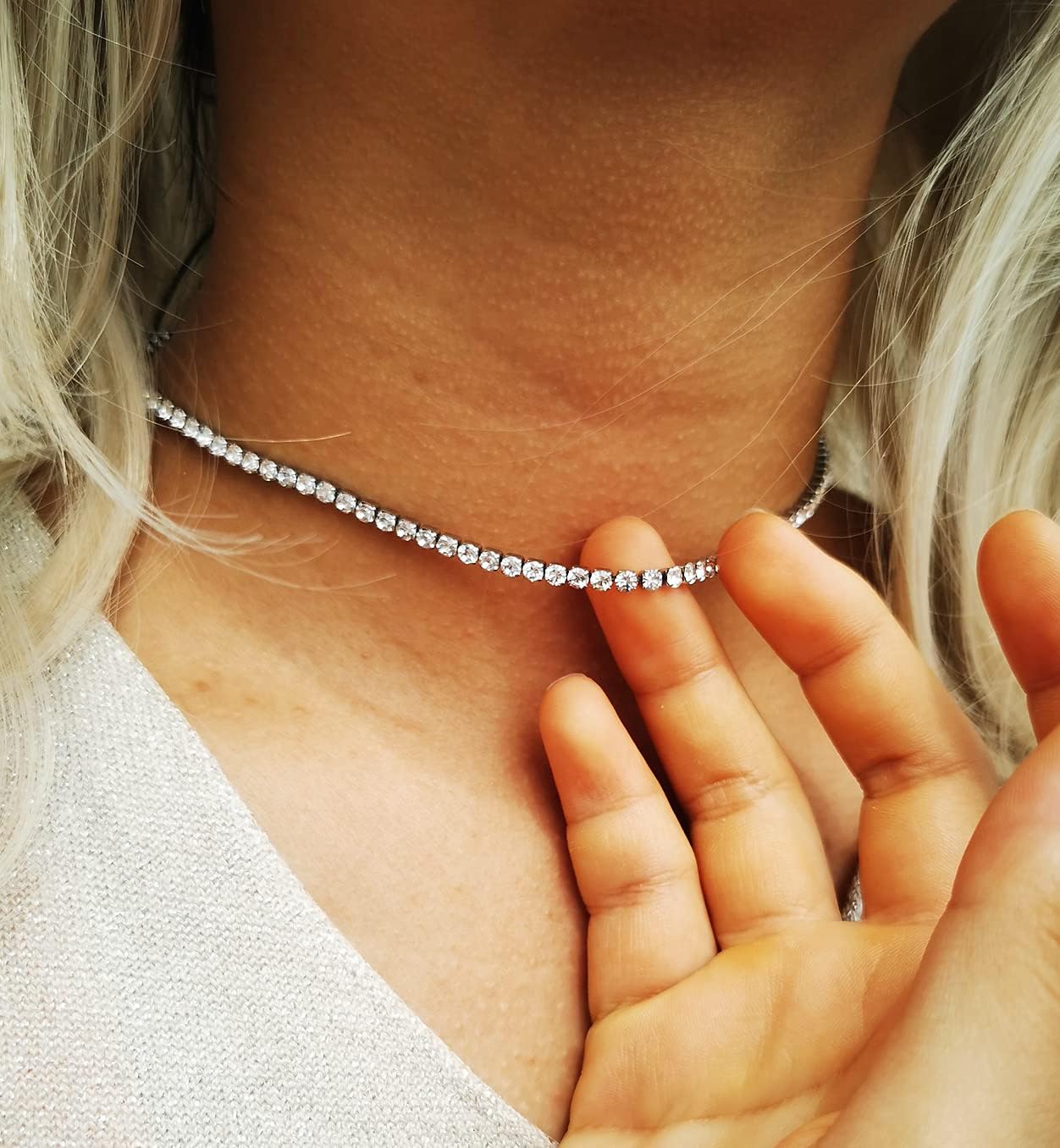 WangGao Stainless Steel Rhinestone Link Chain Tennis Necklace for Women Sparkling Crystal Choker Bridal Wedding Jewelry - Image 5