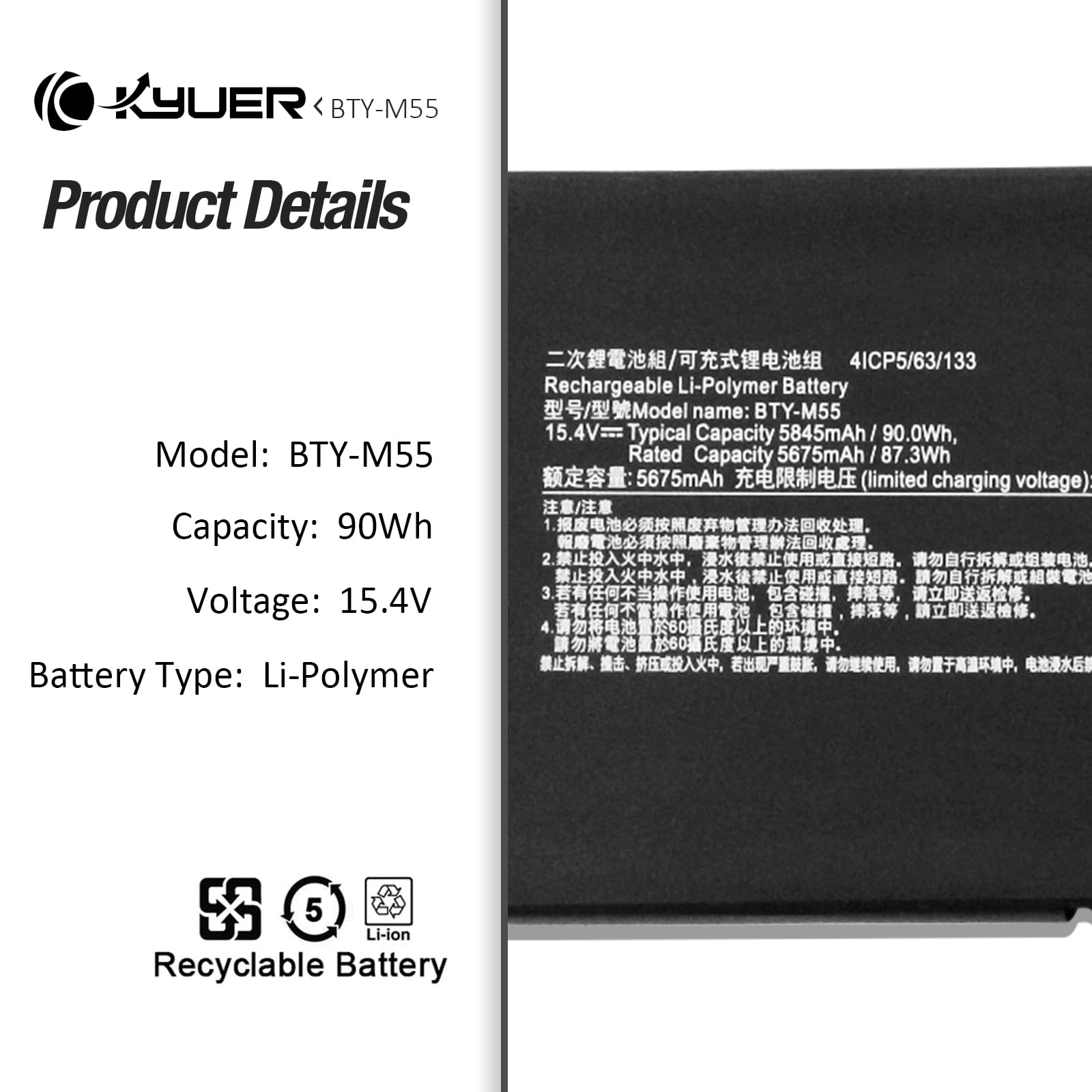 K KYUER 90Wh BTY-M55 Batería para MSI Alpha 15 17 B5EEK Pulse 15 B13VFK B13VGK Pulse GL66 GL76 12UGK 12UGSZOK 12UGSZK 12UGOK Crosshair 15 17 B12UGZ B12UGZO B12UGSZ B12UGSZO Crosshair 15 R6E B12UGZ