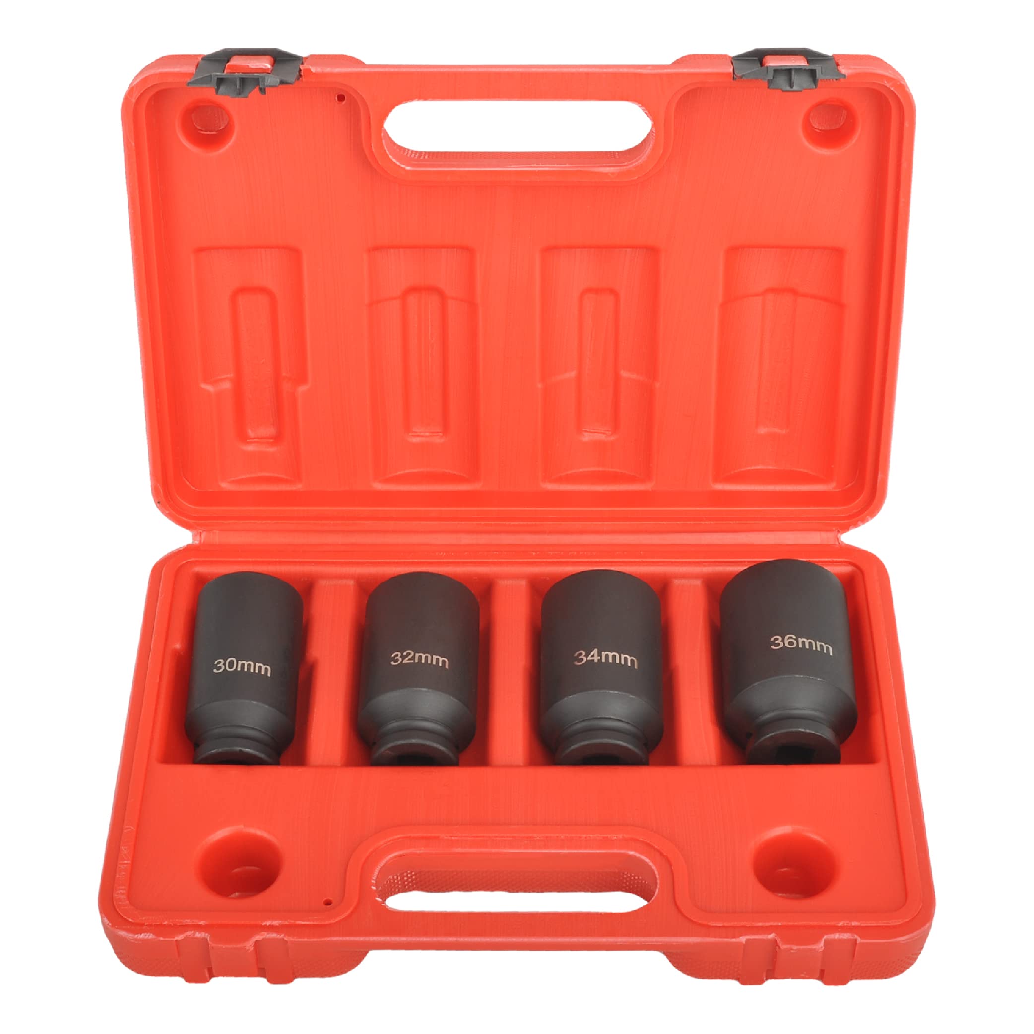 BATONECO 1/2" Drive 12 Point Impact Socket Set 4PCS Deep Impact Socket Set 30mm,32mm,34mm,36mm CR-MO Heavy-duty Axle Nut Socket Set with Portable Case,Black