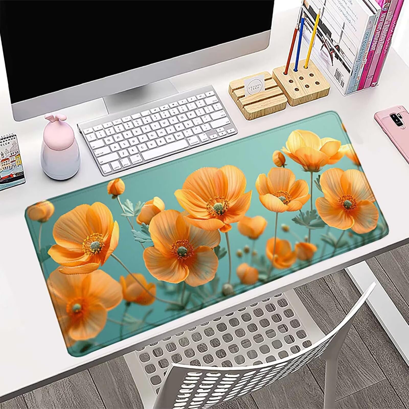 Amarillo Alfombrilla Ratón Flor Alfombrilla Gaming XXL 1500 x 800mm, Impermeable Mouse Pad con Bordes Cosidos Tapete Escritorio con Base de Goma Antideslizante para Gaming, Oficina -zzg2505L3NZE