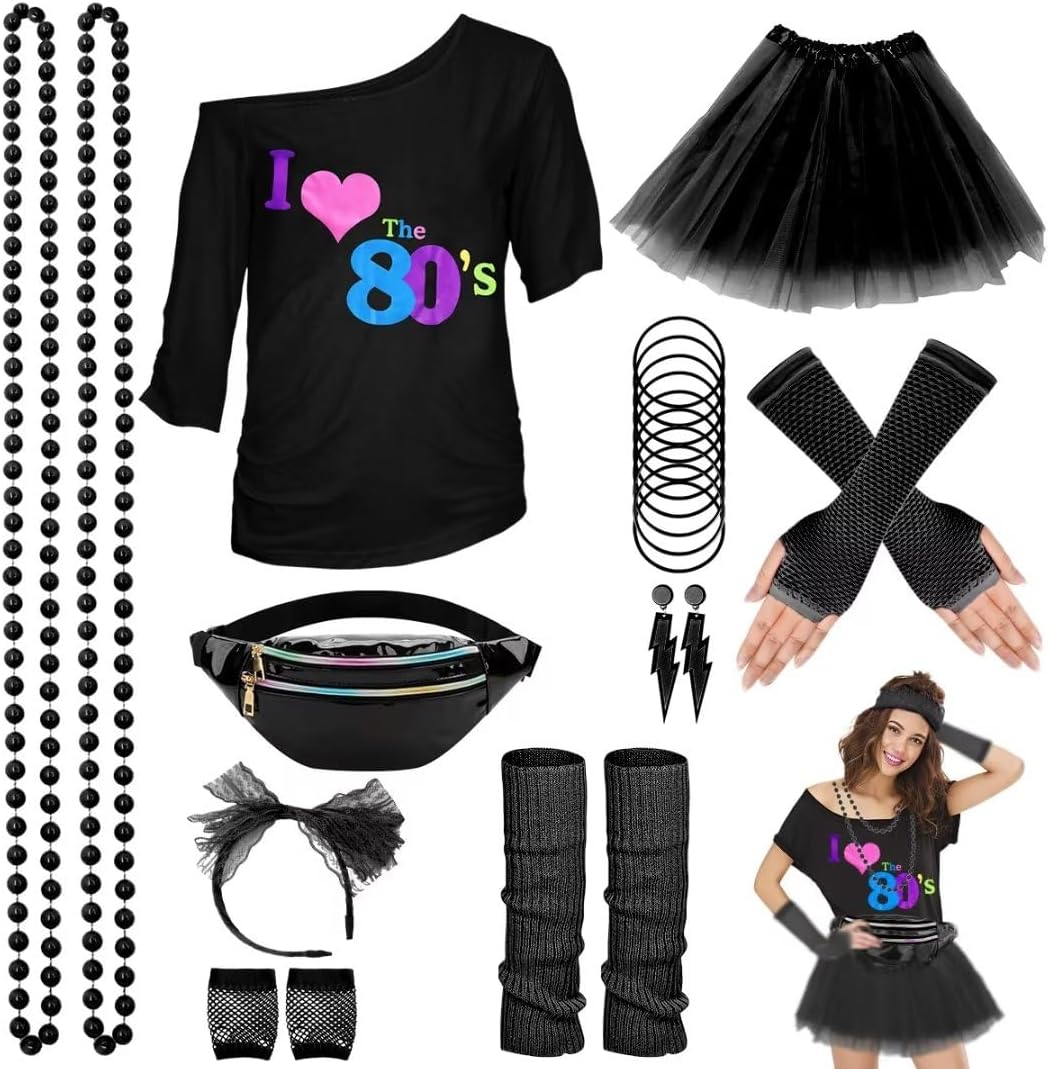 WILDPARTY 80s Costume Accessories for Women, T-Shirt Tutu Fanny Pack Headband Earring Necklace Fishnet Gloves Legwarmers