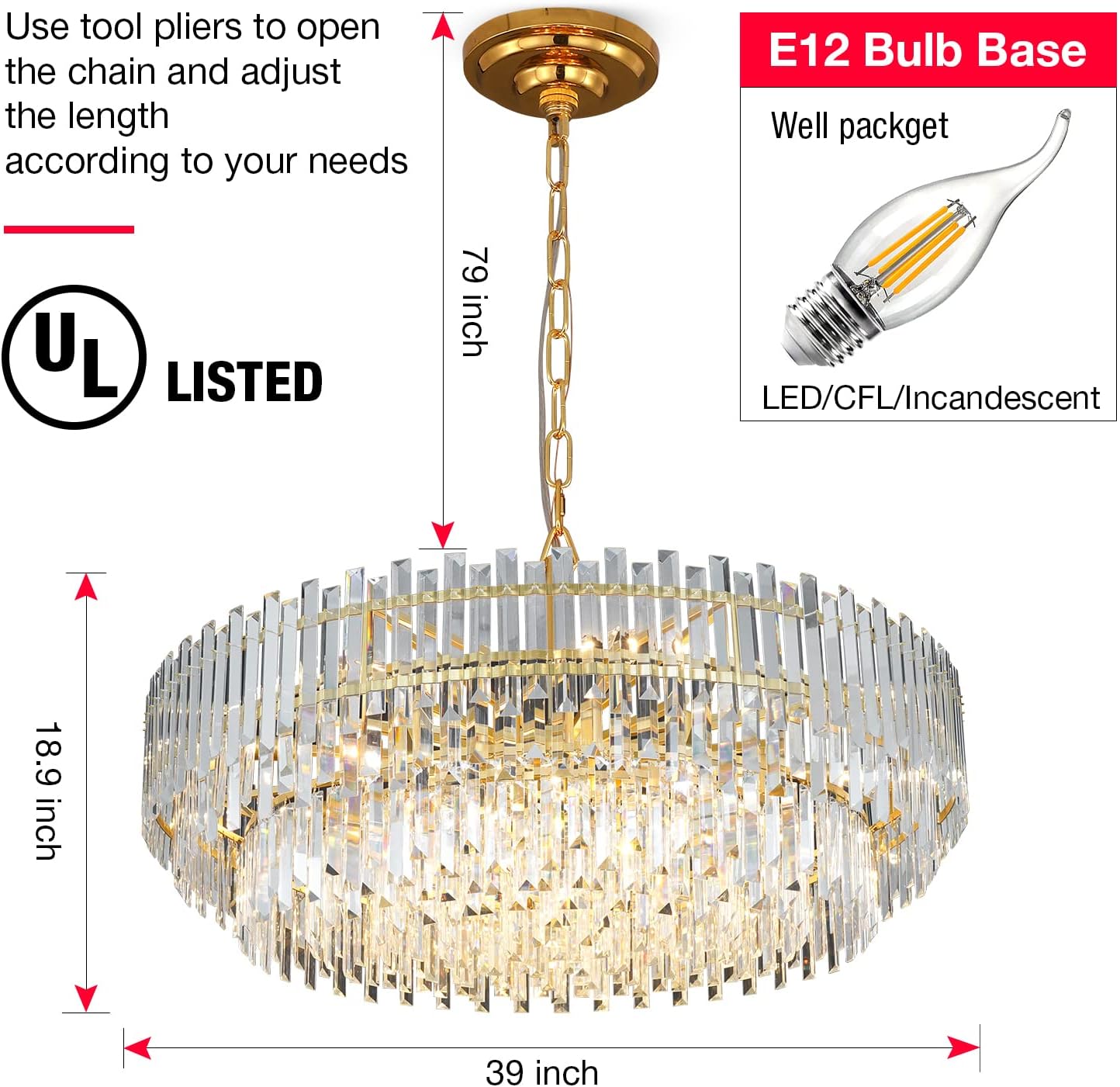 Gold Copper Crystal Chandelier Lighting 39'' for Dining Rooms Bedroom Foyer Entryway Ceiling Hanging Pendant Chandelier Light Fixture Lamp