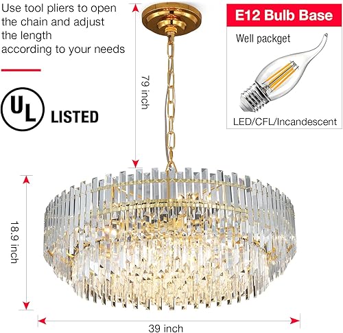 Miniatura 4 de Lámpara de araña de cristal de cobre dorado de 39 pulgadas para comedores dormitorio, vestíbulo, entrada, techo colgante colgante