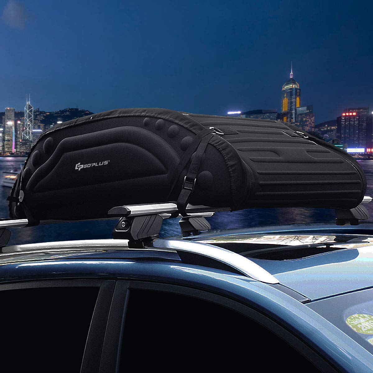 GOPLUS Coffre de Toit Voiture Pliable, 4 Cordons d’Attachement, Sac de Toit Voiture Utilisable avec ou sans Barre de Toit, Surface Imperméable, Charge 60KG, Sac de Transport, Sangle de Sécurité Dedans