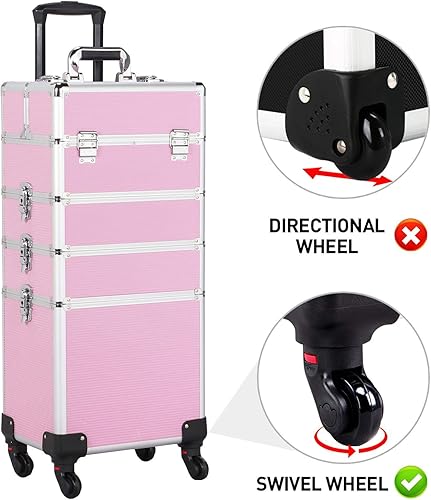 Miniatura 4 de Topeakmart Estuche rodante de maquillaje profesional 4 en 1, estuche grande de aluminio para cosméticos, estuche de maquillaje para viaje,