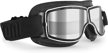 Bertoni Motorcycle Riding Goggles Black Leather Chromed Frame - Anticrash Lens -Special ventilation mod. AF188A Clear Silver Mirror Lens - Motorbike Vintage Aviator Glasses