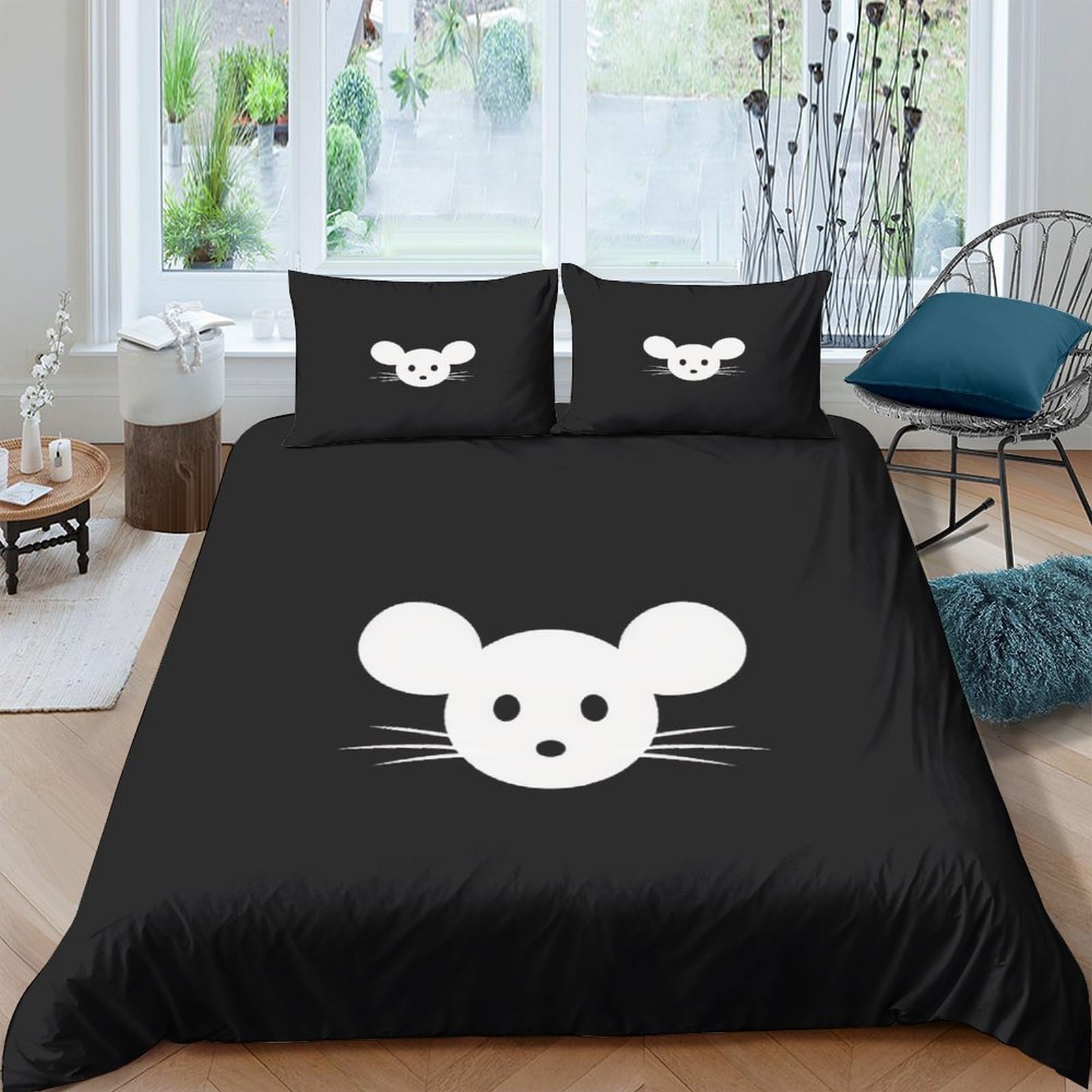 Parure de lit 3 pièces housse de couette souris noire et blanche microfibre avec 2 taies d'oreiller