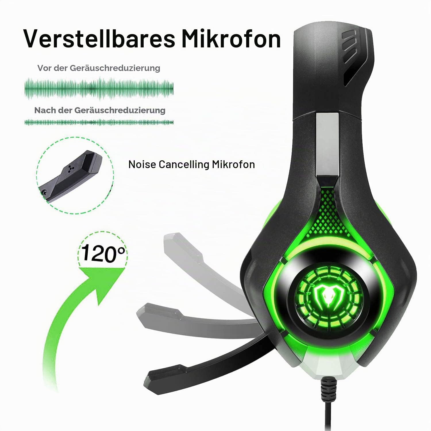 BlueFire Gaming Headset für PS4, Gaming Kopfhörer mit 3,5 mm Klinkenstecker LED und Mikrofon, Bass Stereo Audio Surround Gaming Headset für Xbox One/Xbox One S/PC/Laptop (Grün)