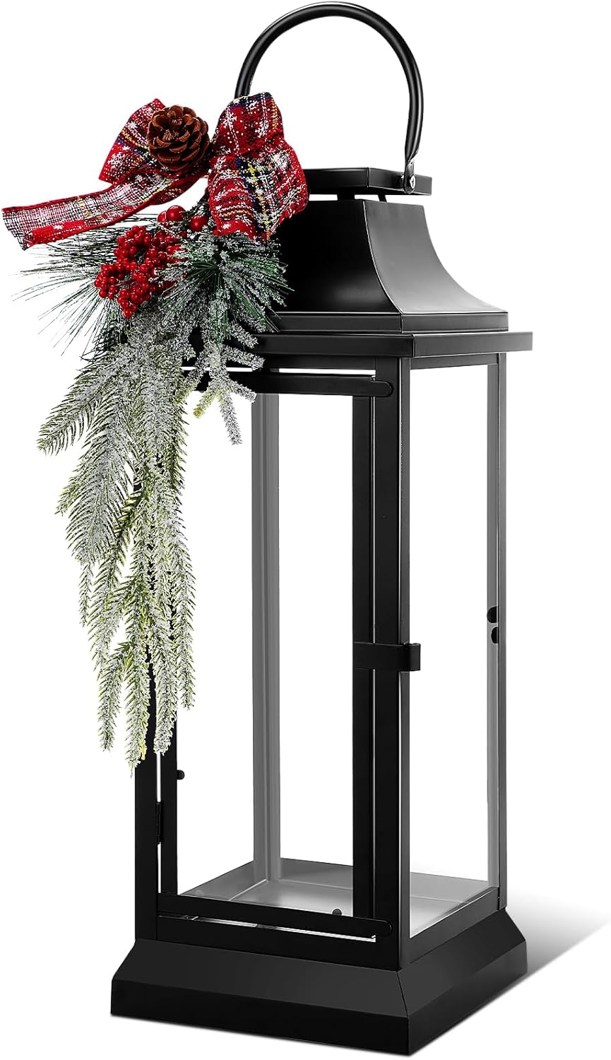 Nuogo 24Inch Large Metal Christmas Candle Lanterns with Glass Panels and Red Decorative Ribbon Black Hanging Vintage Lantern for Table Porch Home Party Decor Gift Indoor Outdoor, Candle Not Includes