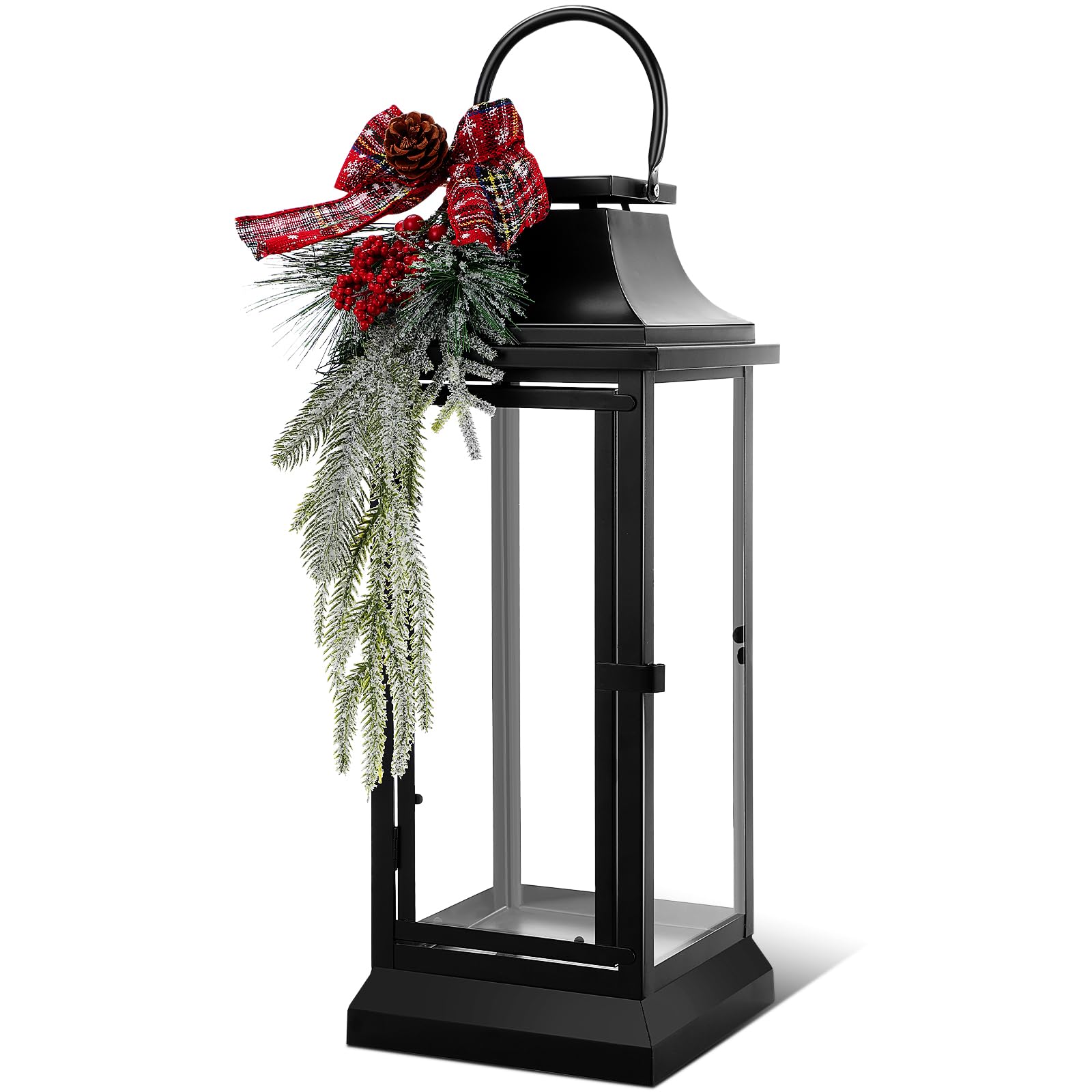 nuogo 24" large christmas black metal lanterns outdoor with glass panels christmas vintage ornaments hanging metal candle lantern decorative gift for porch floor home porch floor, candle not includes