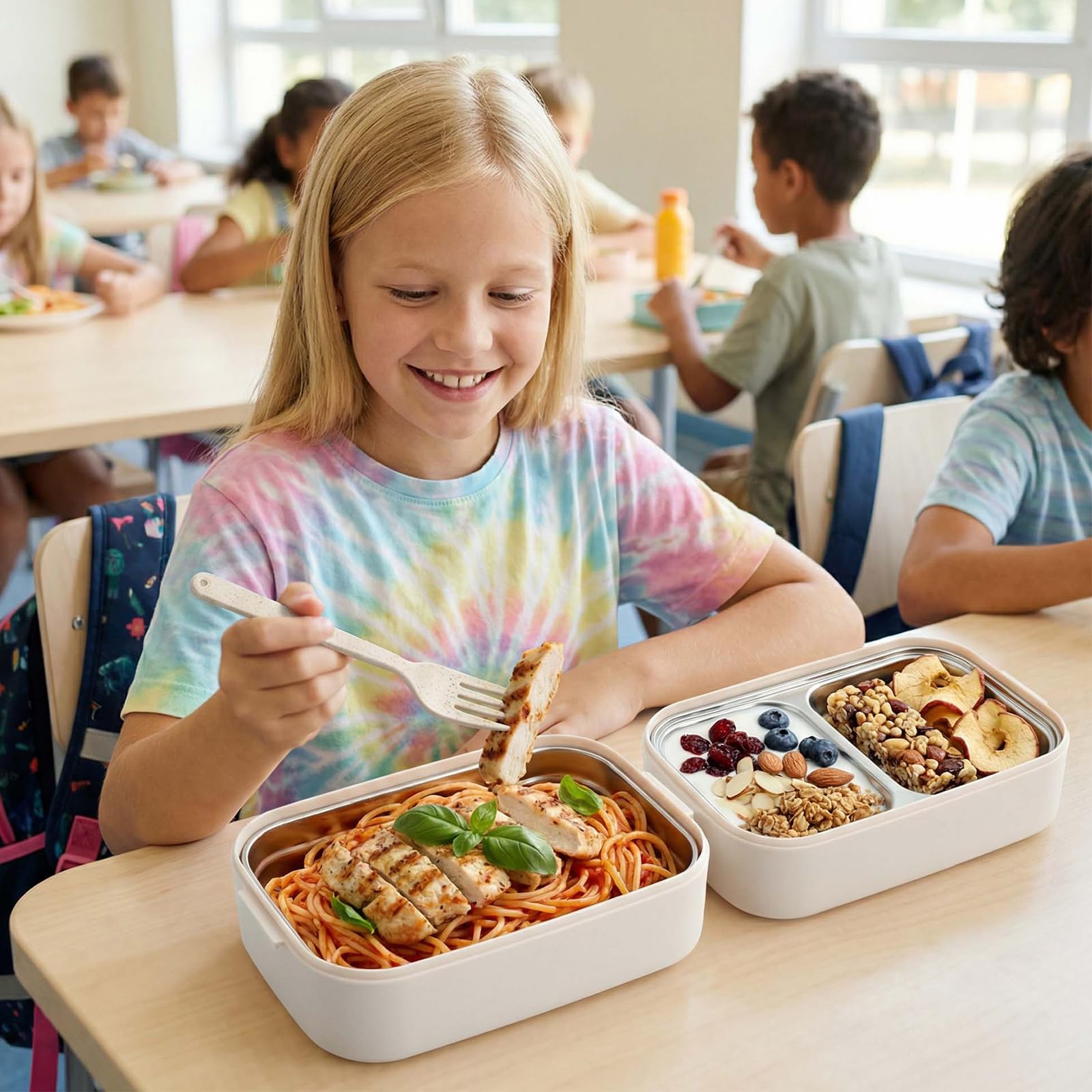 Bento Lunch Box 2 ripiani, 304 Acciaio inox Porta Pranzo Lunch Box Ermetico 1400 ml con scomparti, posate, senza BPA, Schiscetta Pranzo adatto al microonde, per Picnic Scuola Uffici