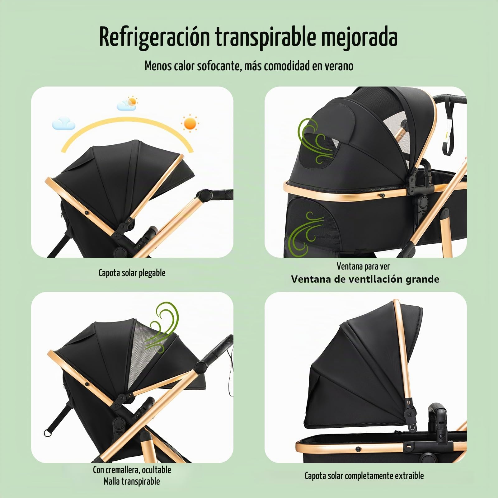 3 en 1 Cochecito de Bebé, Sistema de Viaje, Carrito Bebé Asa Regulable en Altura, Silla de Paseo, Capazo y Asiento de Cochecito, Mosquitera, Cochecito con chasis de aluminio(0-4 Años, 22KG)